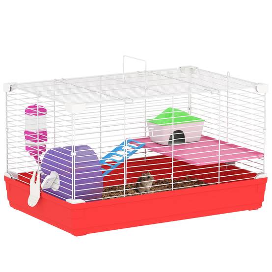 Cage hamster 2 niveaux en métal pour petits rongeurs avec roue et maison 47x30x27cm rouge - ComfortXL Outdoor Living - Image 1