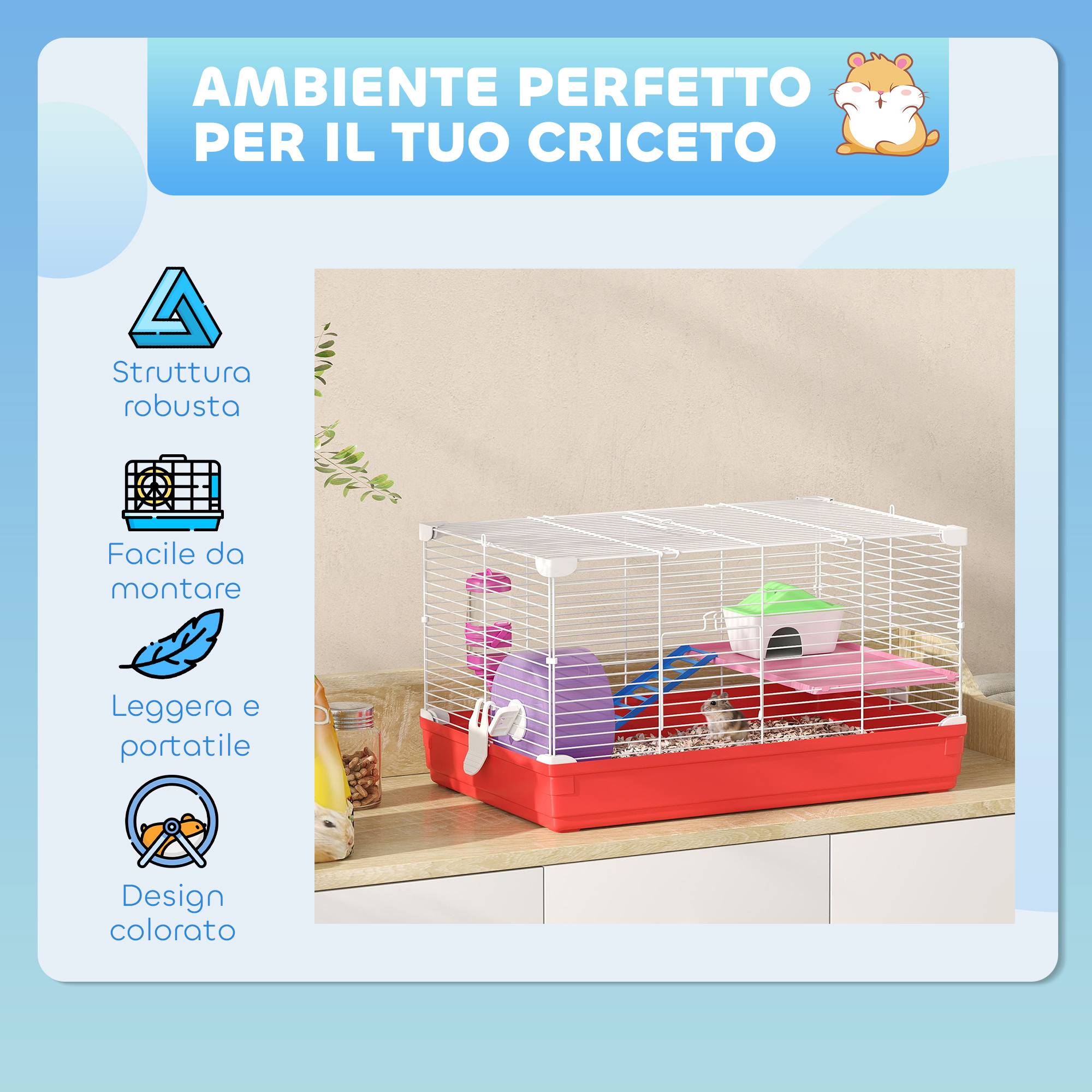 Cage hamster 2 niveaux en métal pour petits rongeurs avec roue et maison 47x30x27cm rouge - ComfortXL Outdoor Living - Image 9