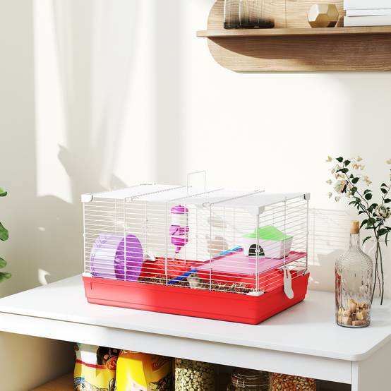 Cage hamster 2 niveaux en métal pour petits rongeurs avec roue et maison 47x30x27cm rouge - ComfortXL Outdoor Living - Image 3