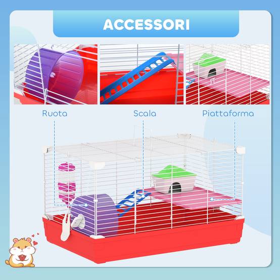 Cage hamster 2 niveaux en métal pour petits rongeurs avec roue et maison 47x30x27cm rouge - ComfortXL Outdoor Living - Image 8