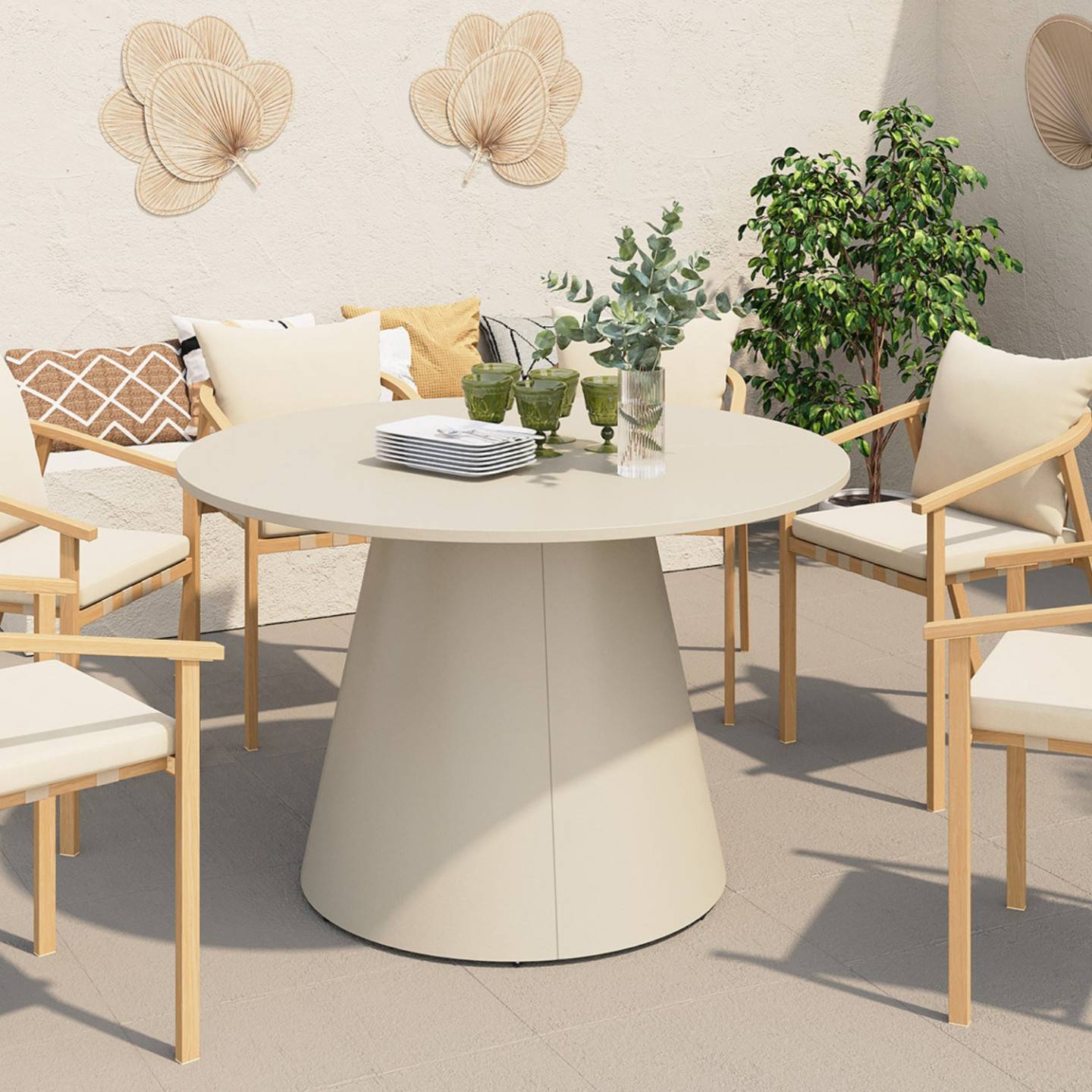 Table de jardin ronde AMELIA 120 CM 6 personnes avec pied central en métal beige - Image 1