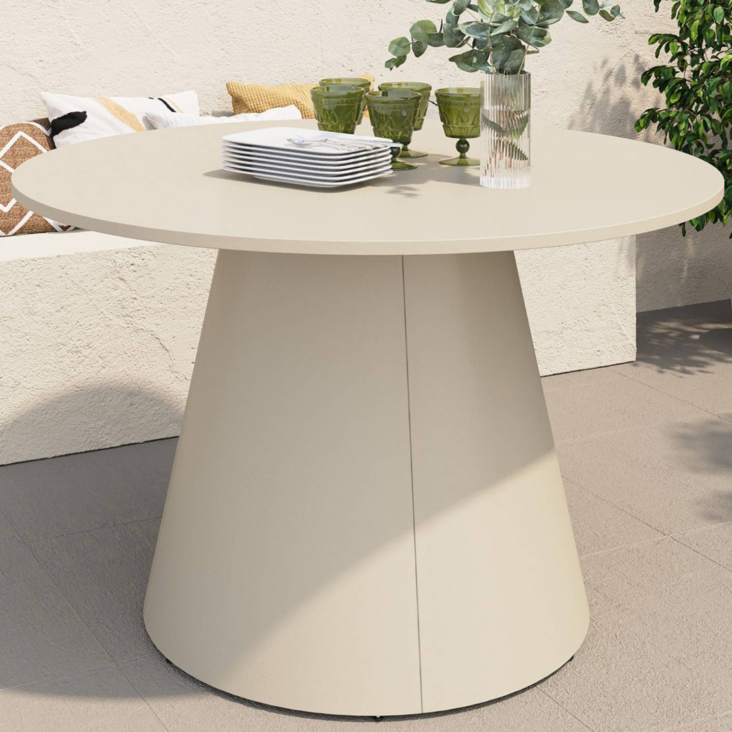 Table de jardin ronde AMELIA 120 CM 6 personnes avec pied central en métal beige - Image 4
