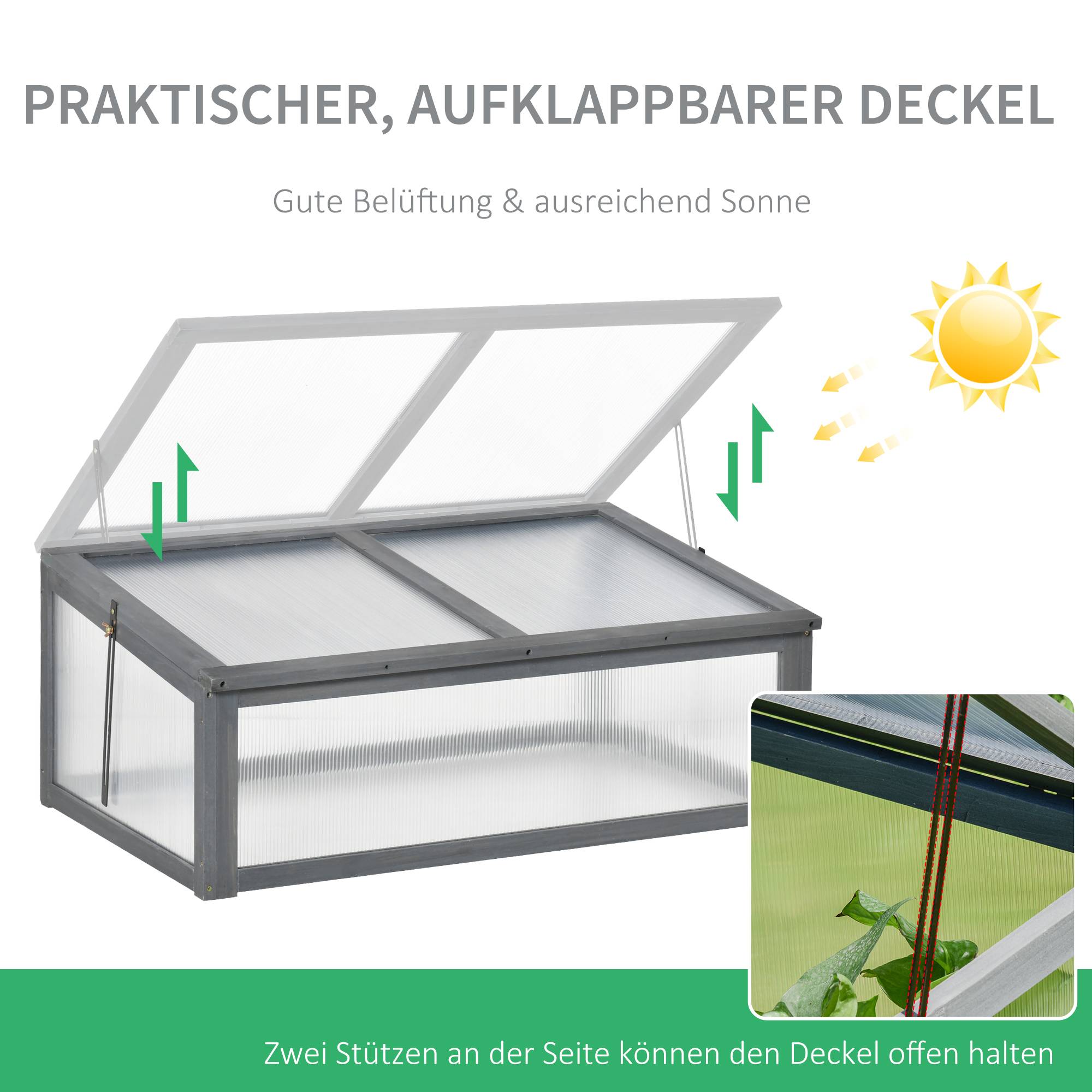 Mini Serre Châssis Bois Jardin Protection Semis Polycarbonate 100x65cm Gris - ComfortXL Outdoor Living - Image 5