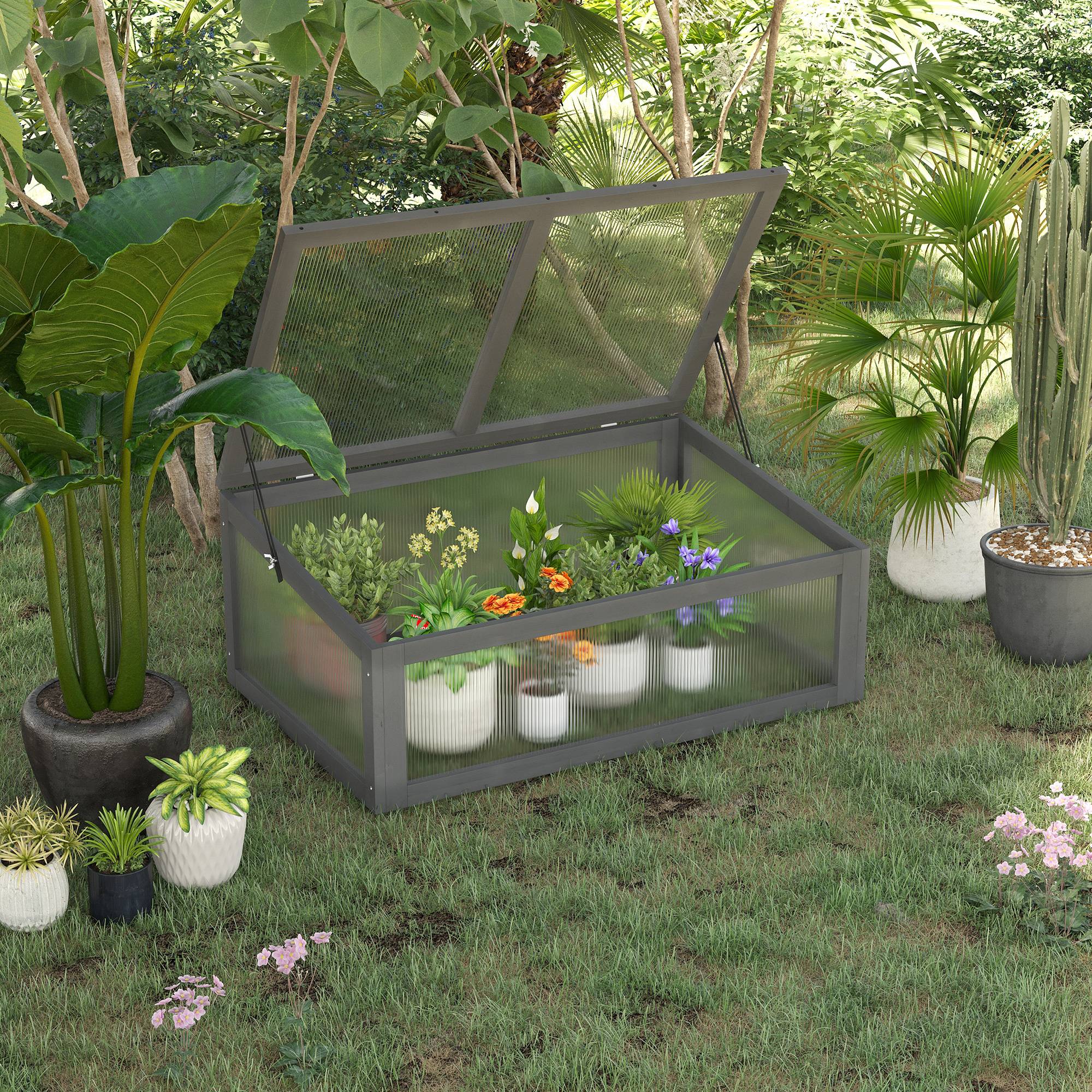 Mini Serre Châssis Bois Jardin Protection Semis Polycarbonate 100x65cm Gris - ComfortXL Outdoor Living - Image 1