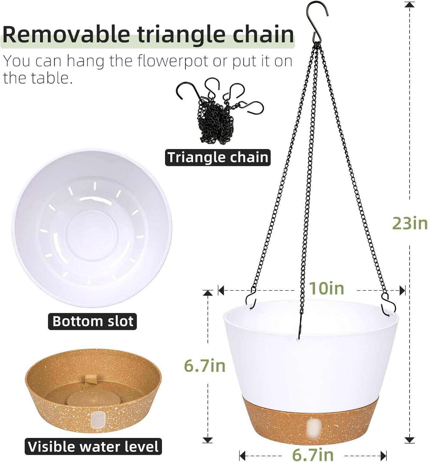 Lot de 2(Blanc) jardinières suspendues, 25.4 cm de diamètre pour l'intérieur et l'extérieur, Fleurs Suspendu avec Trou de Drainage et 3 Crochet-Lytech - Image 2