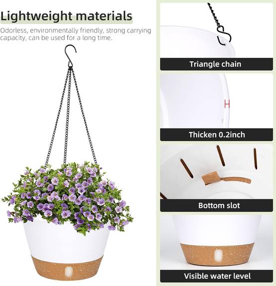 Lot de 2(Blanc) jardinières suspendues, 25.4 cm de diamètre pour l'intérieur et l'extérieur, Fleurs Suspendu avec Trou de Drainage et 3 Crochet-Lytech - Image 5