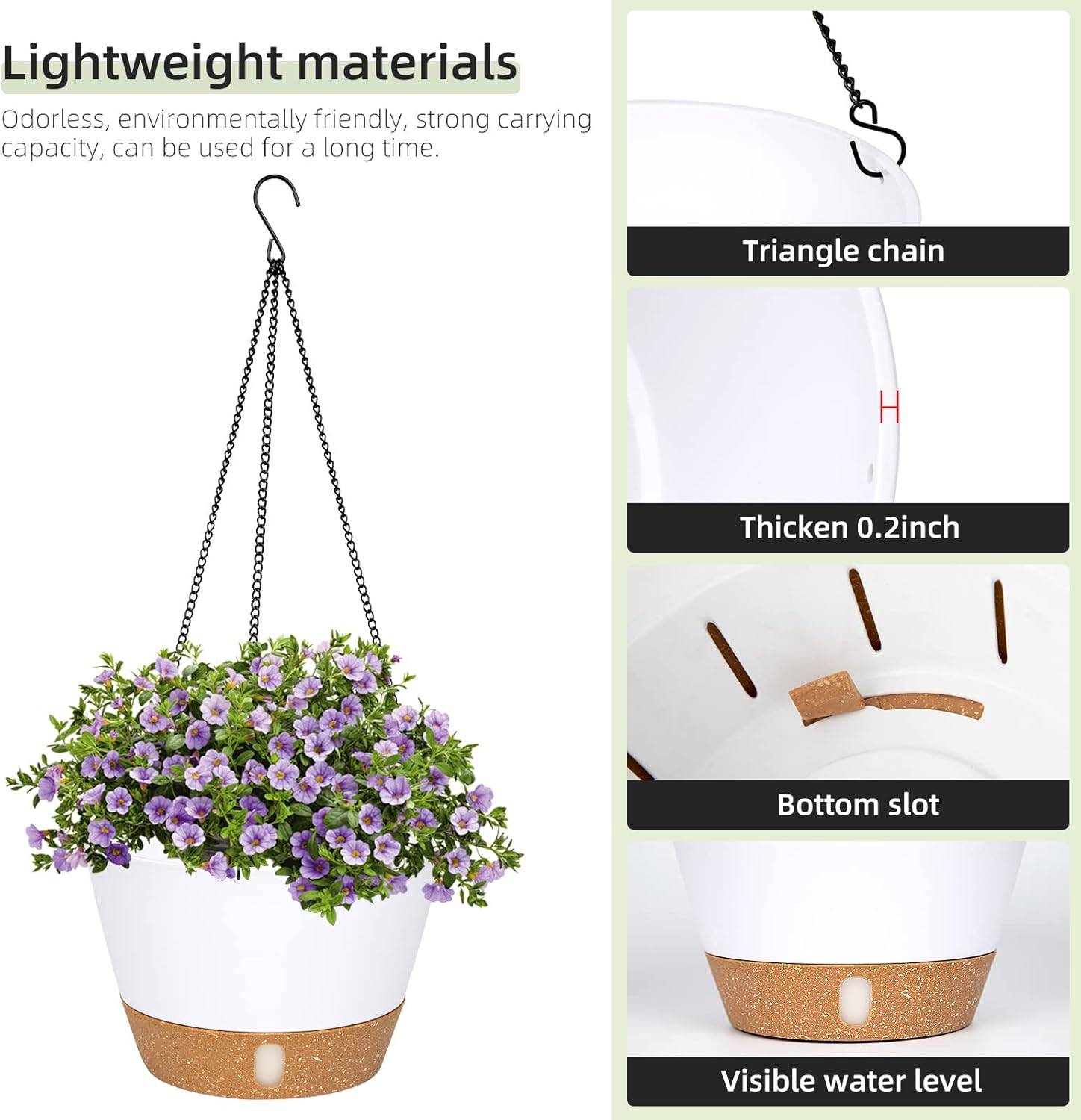 Lot de 2(Blanc) jardinières suspendues, 25.4 cm de diamètre pour l'intérieur et l'extérieur, Fleurs Suspendu avec Trou de Drainage et 3 Crochet-Lytech - Image 5