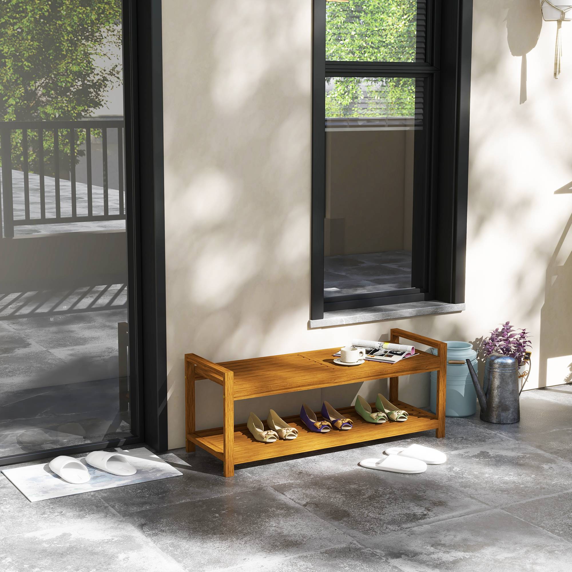 Outsunny - Banc de jardin avec étagère et assise à lattes en bois d'acacia - Outsunny - Imagen 2