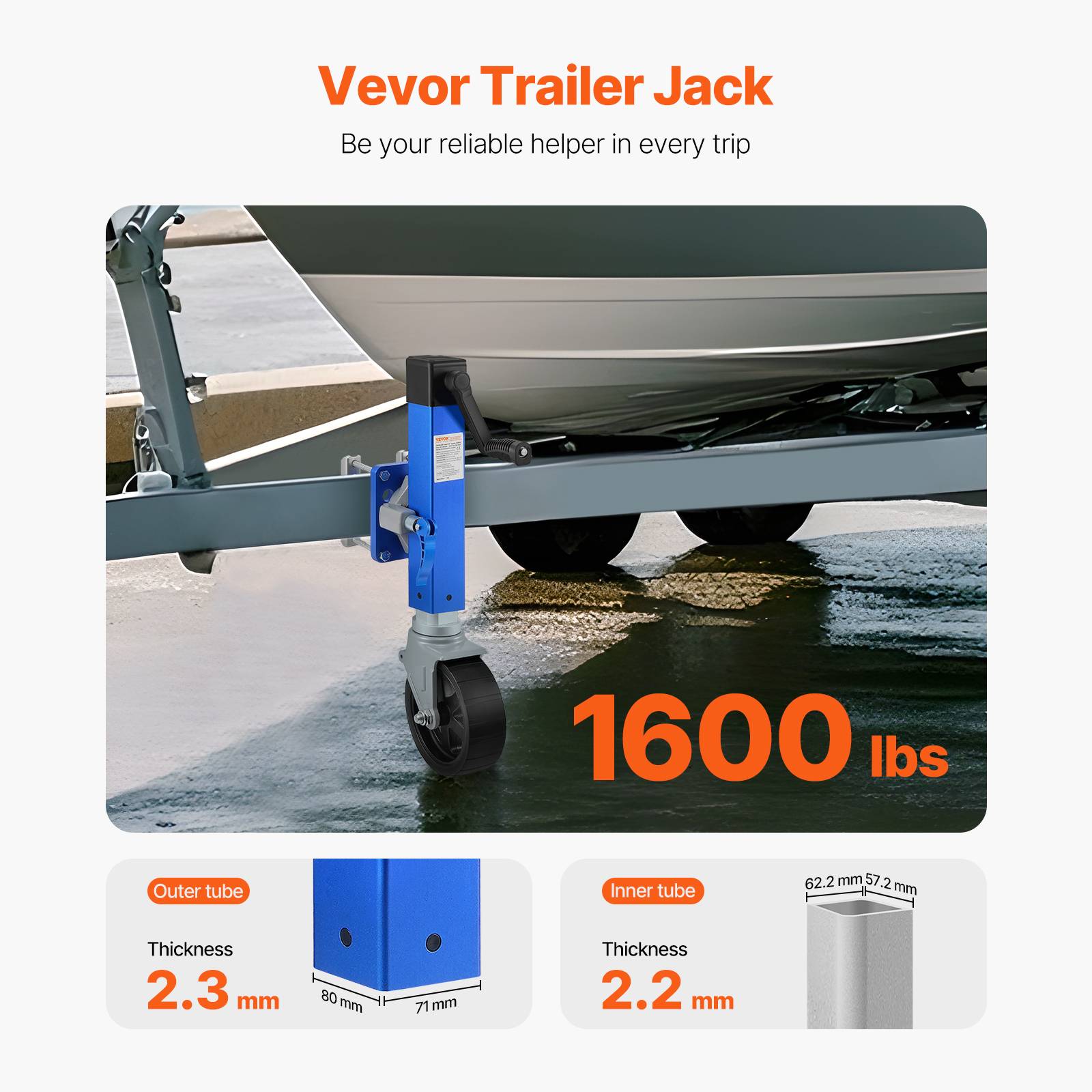 VEVOR Cric remorque bateau, charge 907 kg, roue jockey pivotante, levage 410-670 mm. PP, pour camping-car. - Image 2