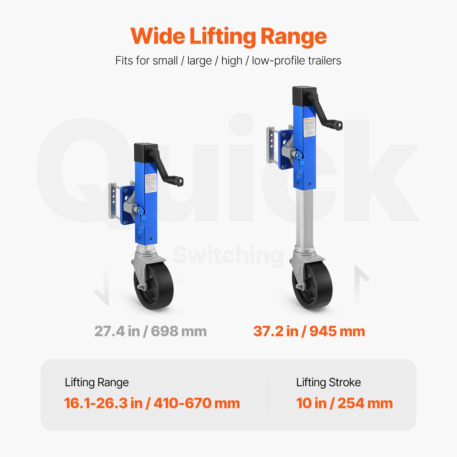 VEVOR Cric remorque bateau, charge 907 kg, roue jockey pivotante, levage 410-670 mm. PP, pour camping-car. - Image 3