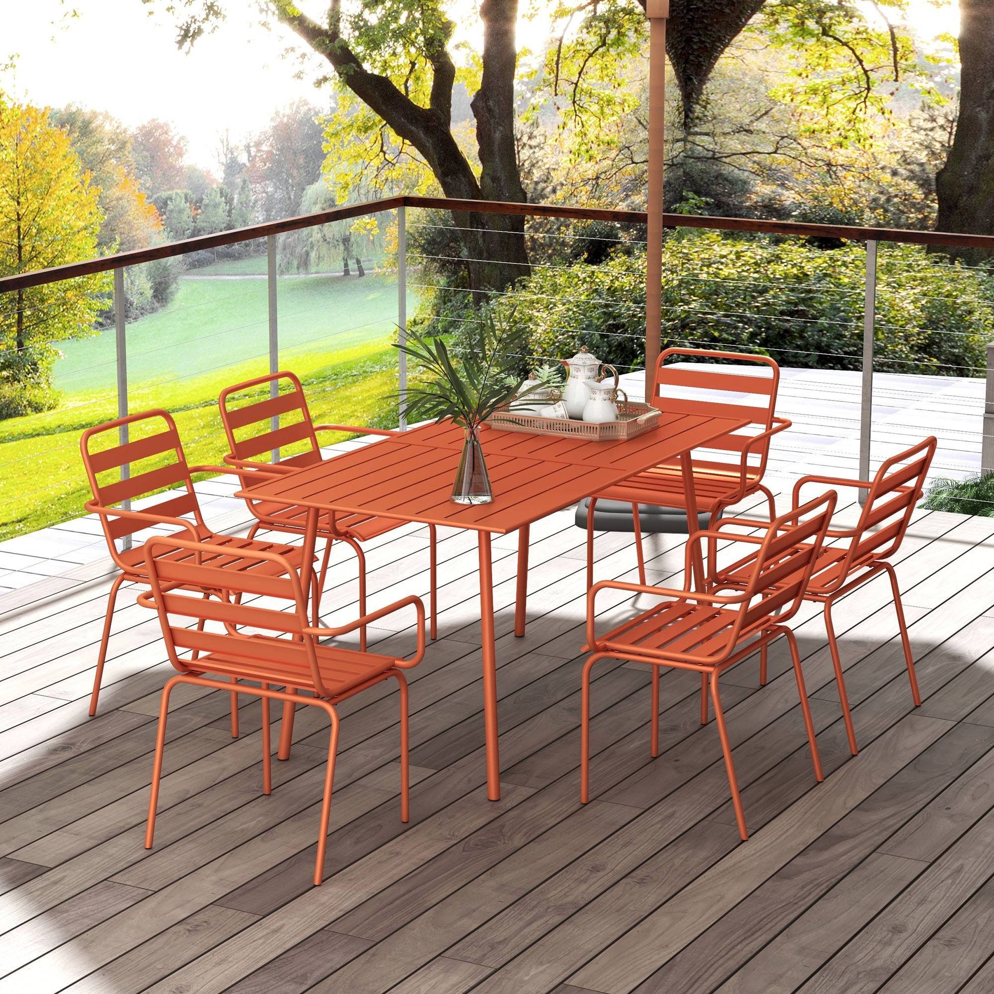 Outsunny - Salon de jardin 6 places 7 pièces - table à manger 6 chaises empilables - acier thermolaqué terre battue - Outsunny - Image 4