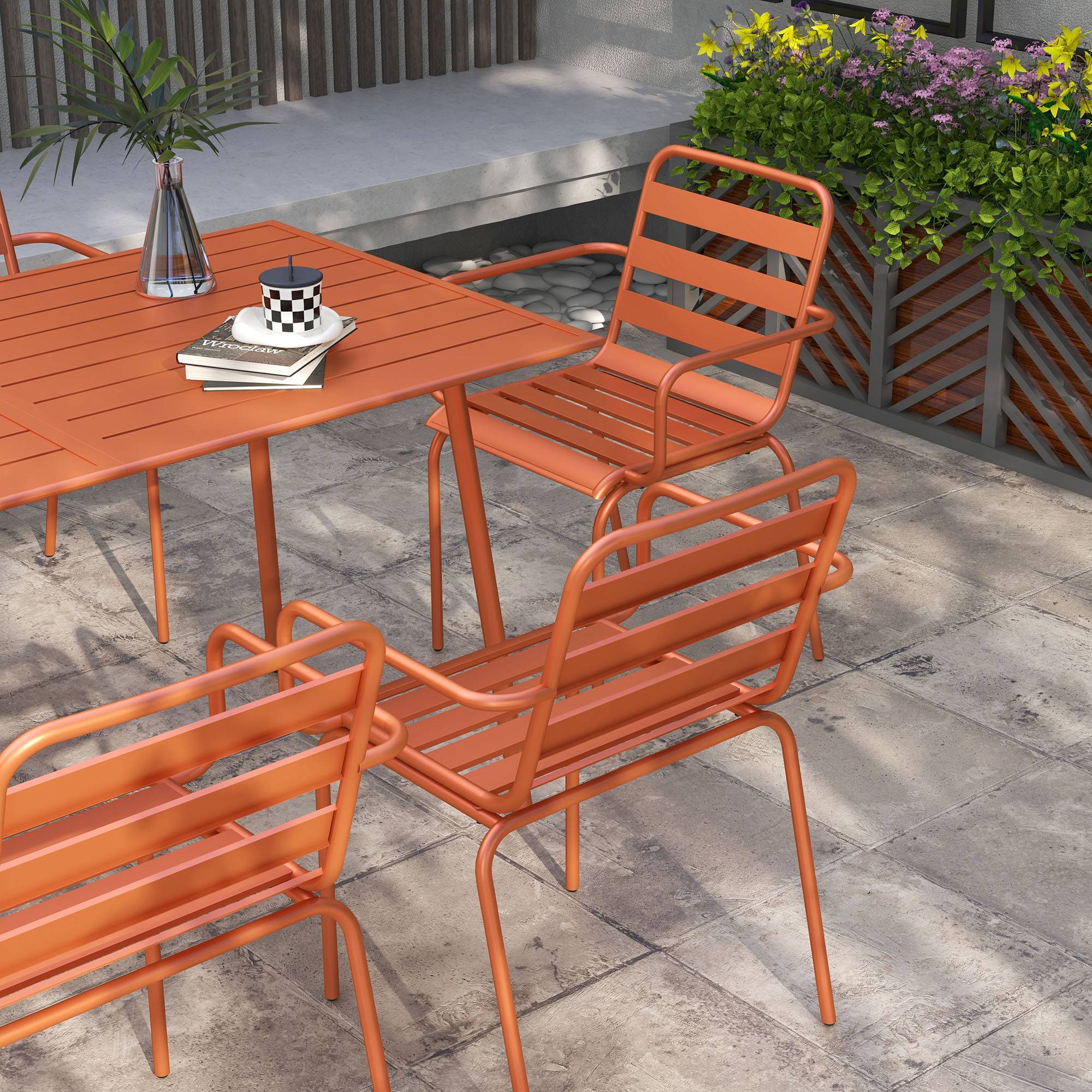 Outsunny - Salon de jardin 6 places 7 pièces - table à manger 6 chaises empilables - acier thermolaqué terre battue - Outsunny - Image 5