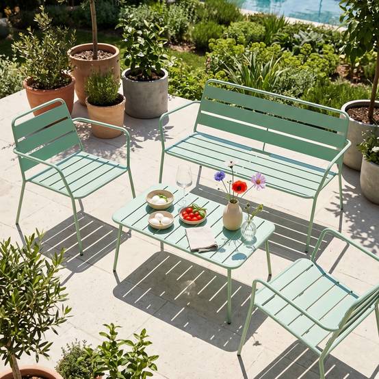 Oviala - Salon de jardin 4 places et 1 table basse en acier vert sauge Palavas - Oviala - Imagen 2