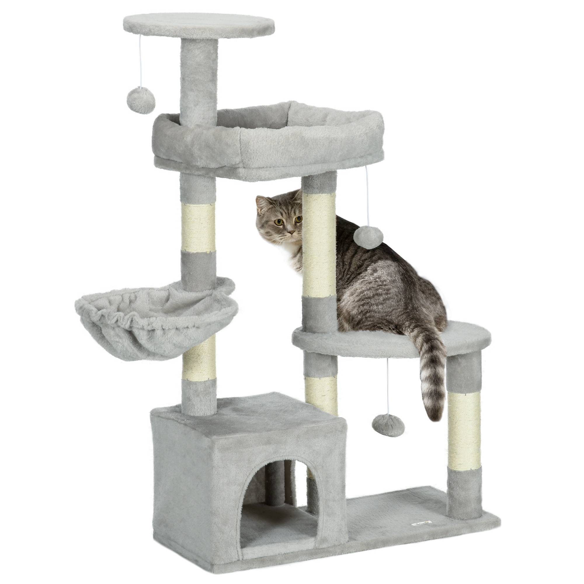 Pawhut - Arbre à chat griffoirs sisal naturel niche plateformes panier hamac jeux boules suspendues peluche gris - Imagen 4