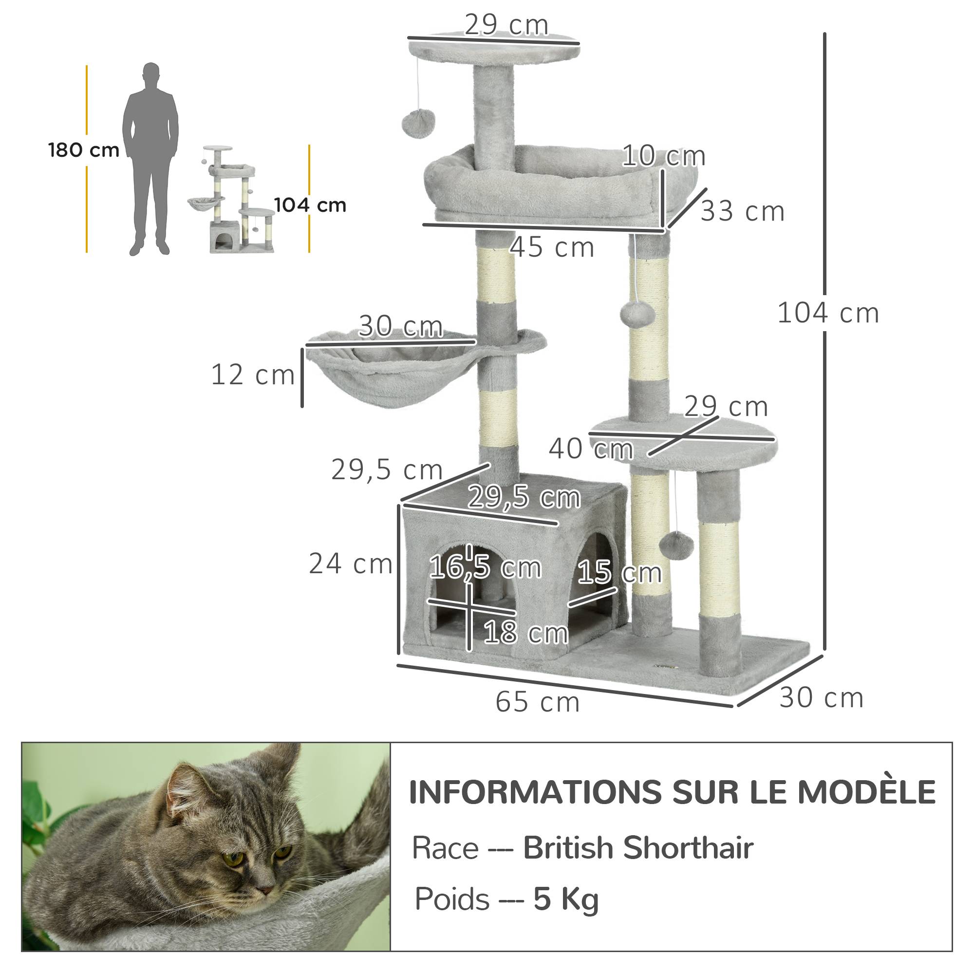 Pawhut - Arbre à chat griffoirs sisal naturel niche plateformes panier hamac jeux boules suspendues peluche gris - Imagen 3