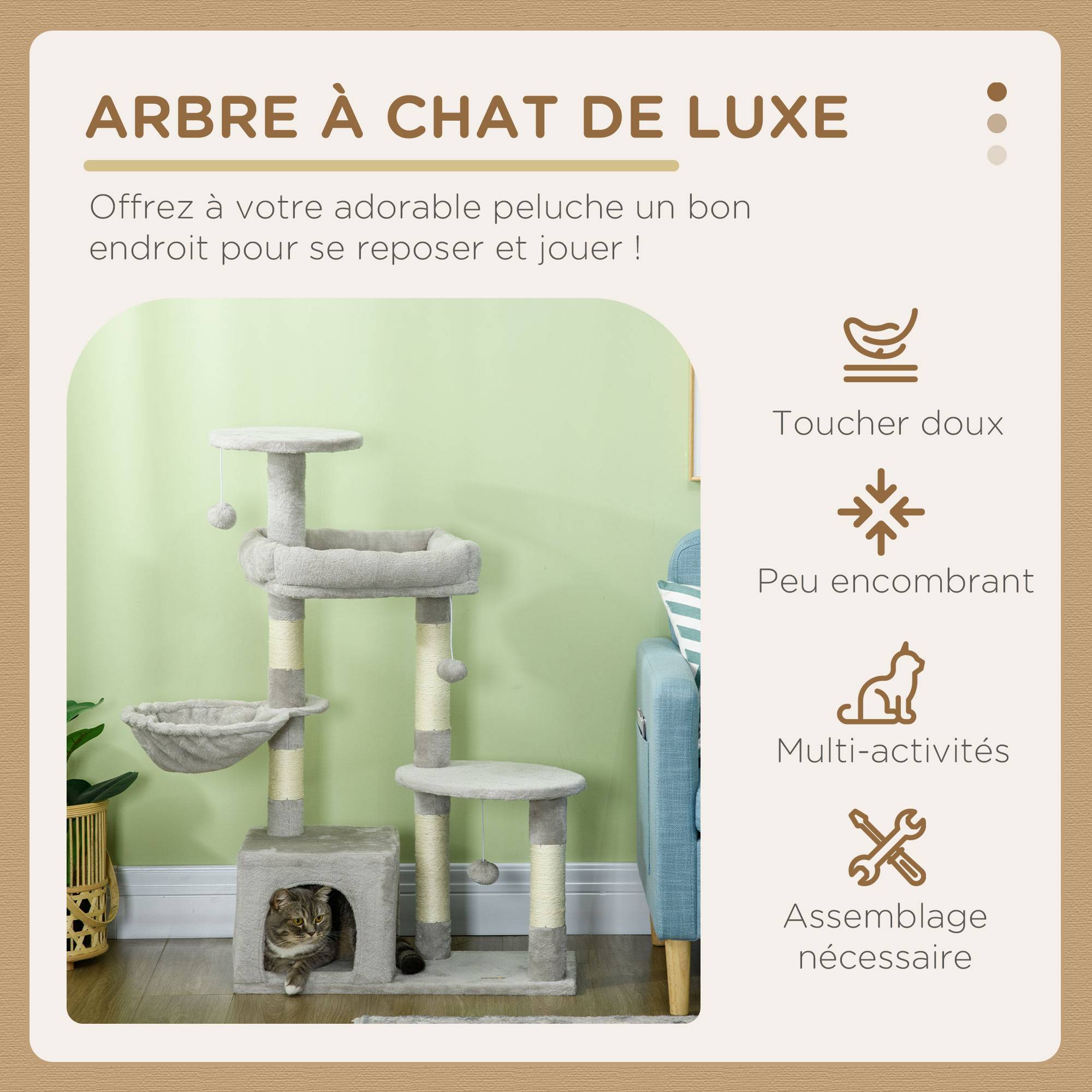 Pawhut - Arbre à chat griffoirs sisal naturel niche plateformes panier hamac jeux boules suspendues peluche gris - Imagen 5