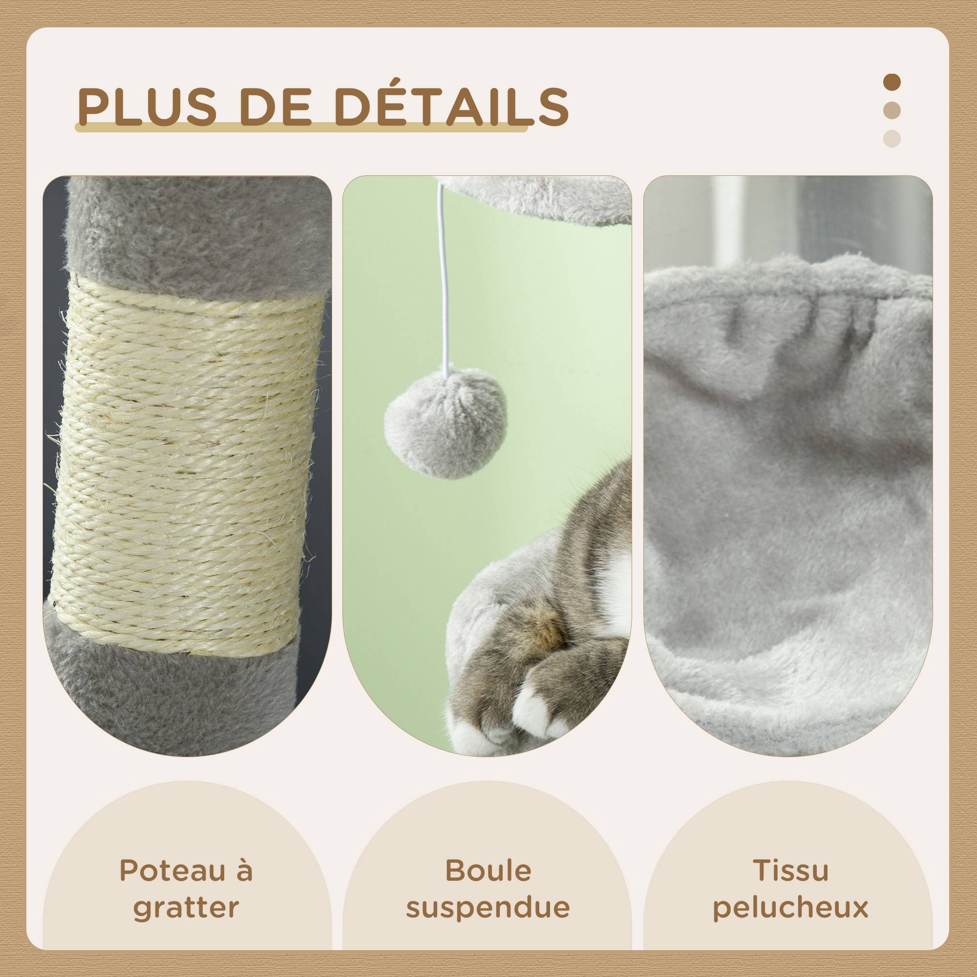 Pawhut - Arbre à chat griffoirs sisal naturel niche plateformes panier hamac jeux boules suspendues peluche gris - Imagen 7
