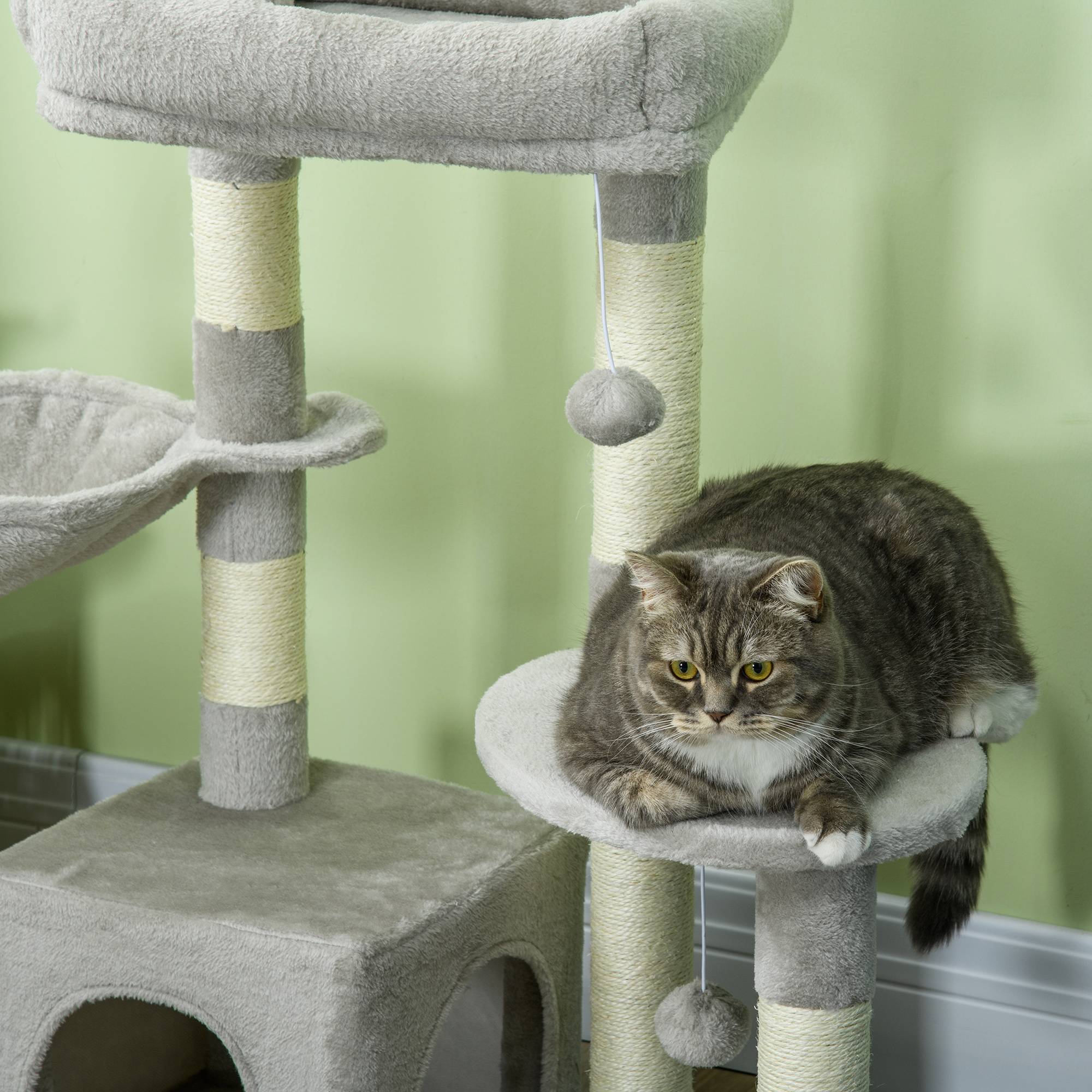 Pawhut - Arbre à chat griffoirs sisal naturel niche plateformes panier hamac jeux boules suspendues peluche gris - Imagen 9