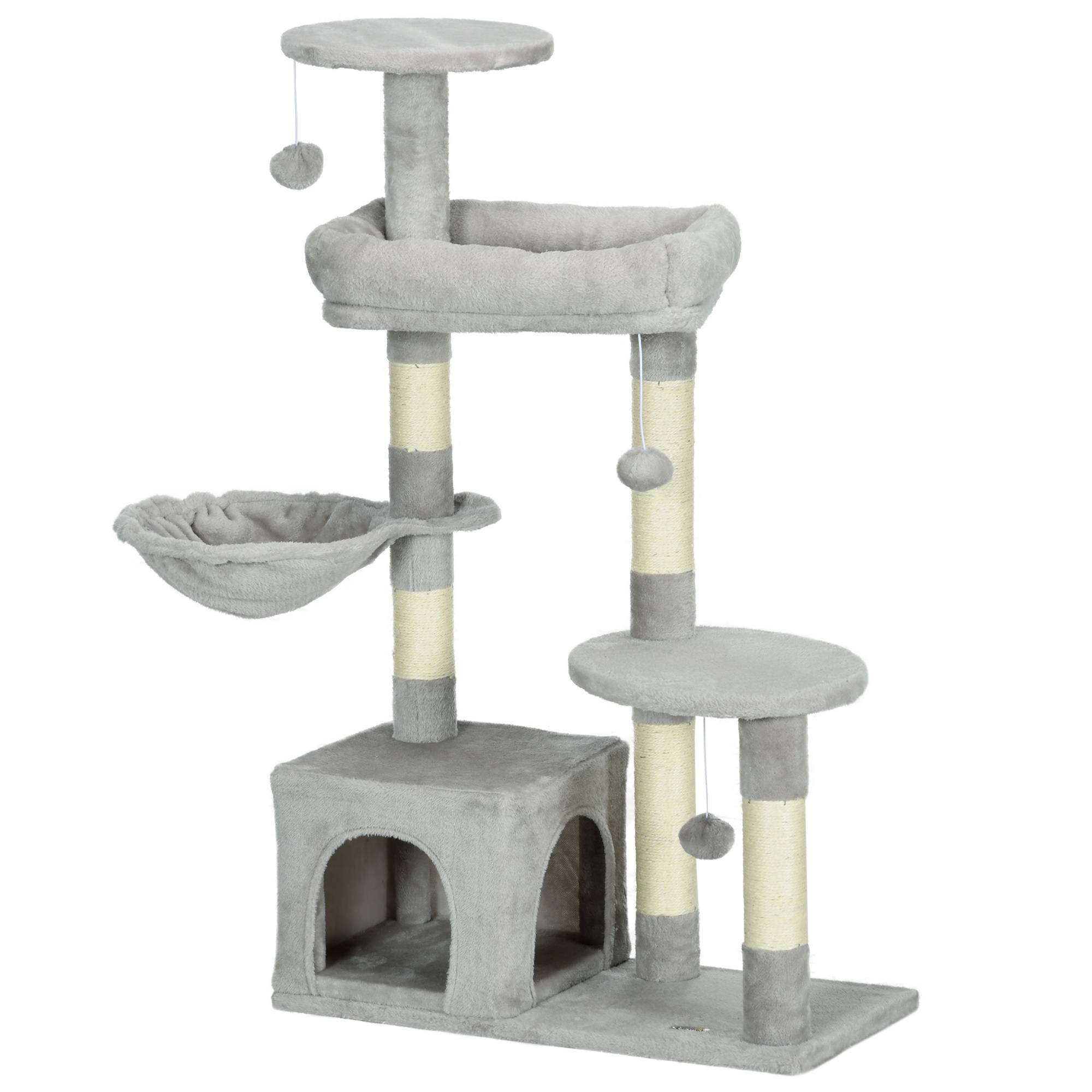 Pawhut - Arbre à chat griffoirs sisal naturel niche plateformes panier hamac jeux boules suspendues peluche gris - Imagen 1
