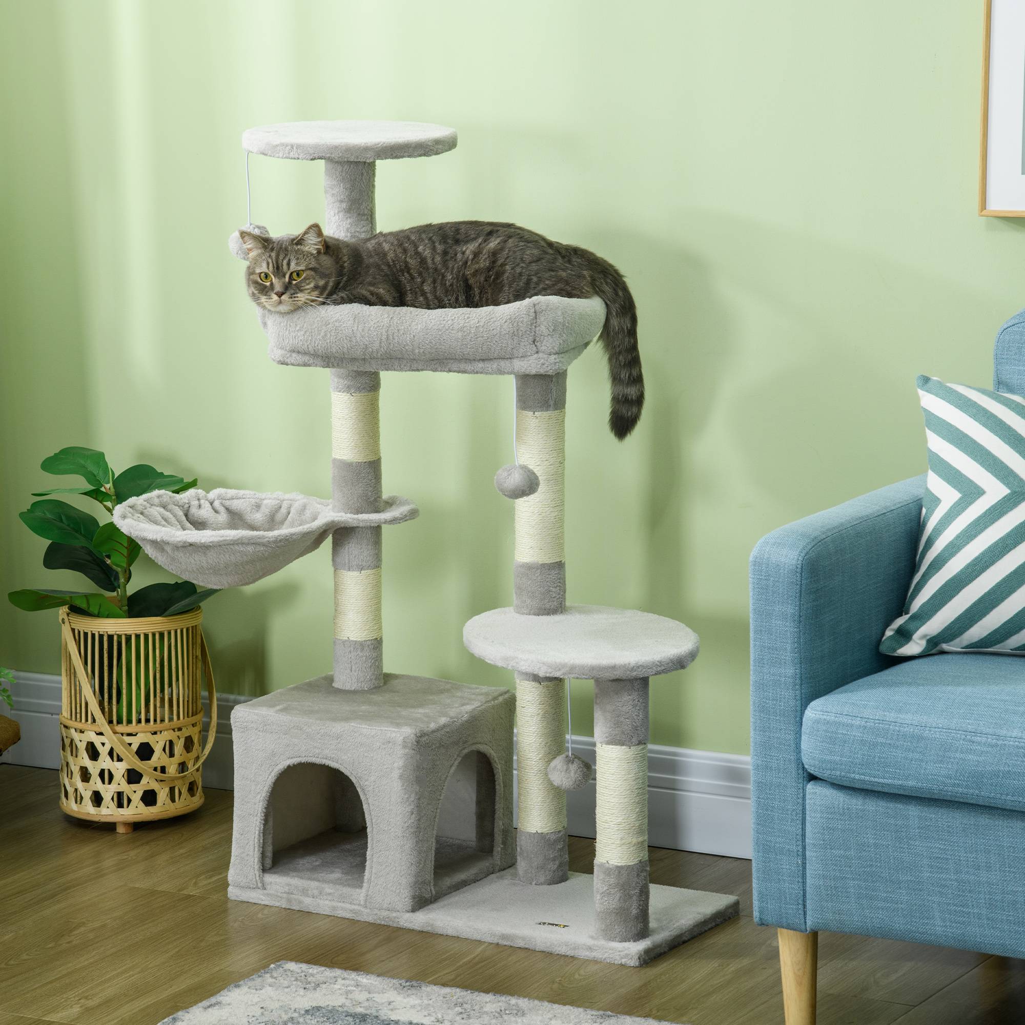 Pawhut - Arbre à chat griffoirs sisal naturel niche plateformes panier hamac jeux boules suspendues peluche gris - Imagen 2