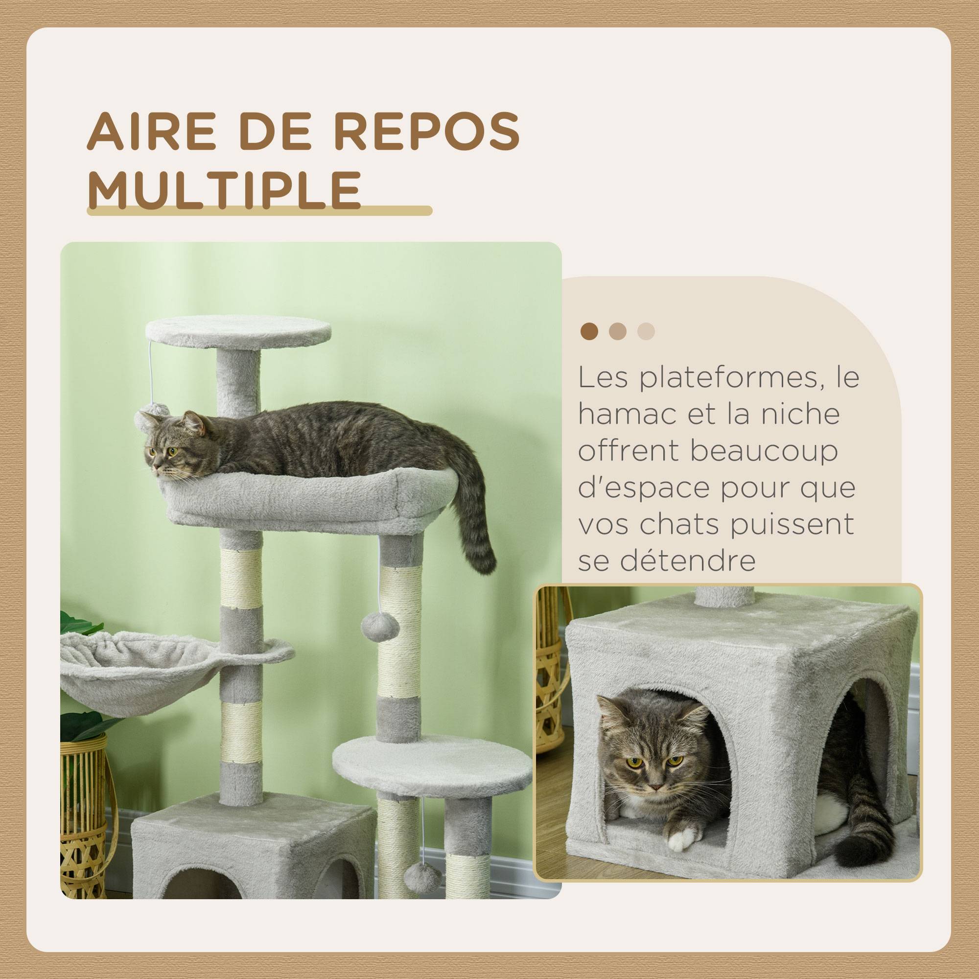 Pawhut - Arbre à chat griffoirs sisal naturel niche plateformes panier hamac jeux boules suspendues peluche gris - Imagen 6