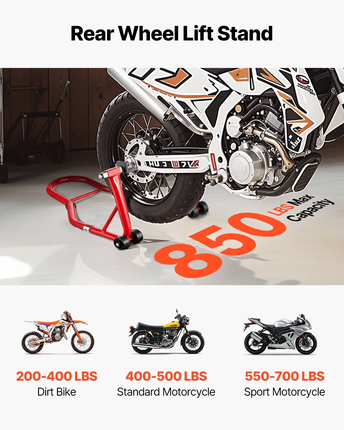 VEVOR Béquille Roue Arrière Lève-moto Capacité de 385,6 kg Bras Oscillant Rouge - Image 3