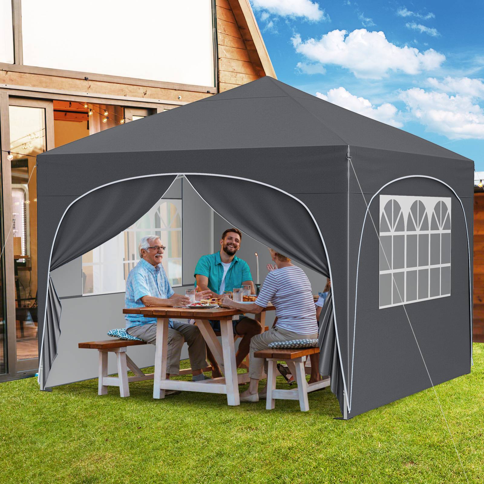 Costway - Tonnelle de Jardin 3x3M avec 4 Parois Latérales Amovibles, Tente de Reception Portable avec Sac à roulettes 8 Piquets 4 Cordes à Vent 4 Sacs, Gris - Image 2