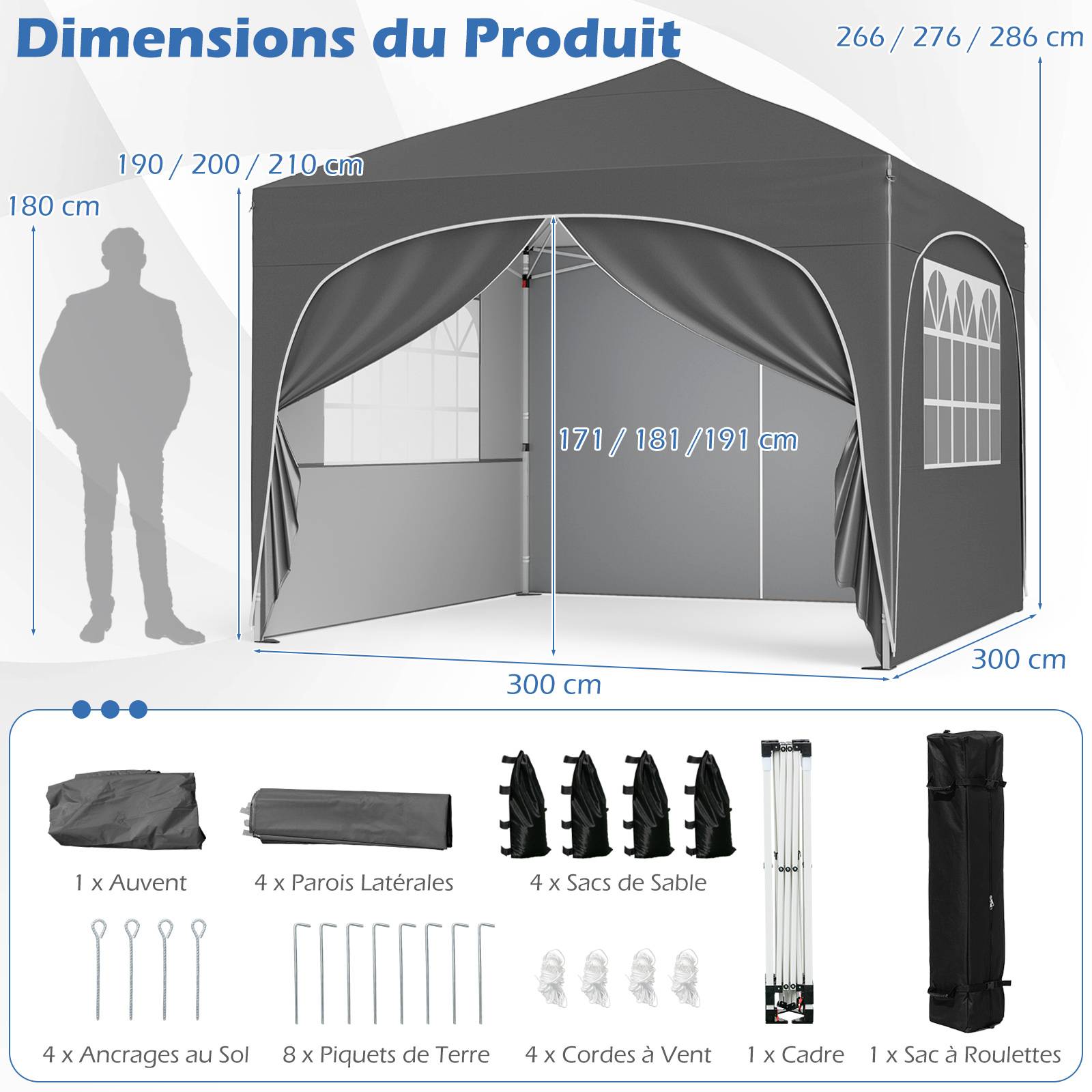 Costway - Tonnelle de Jardin 3x3M avec 4 Parois Latérales Amovibles, Tente de Reception Portable avec Sac à roulettes 8 Piquets 4 Cordes à Vent 4 Sacs, Gris - Image 4