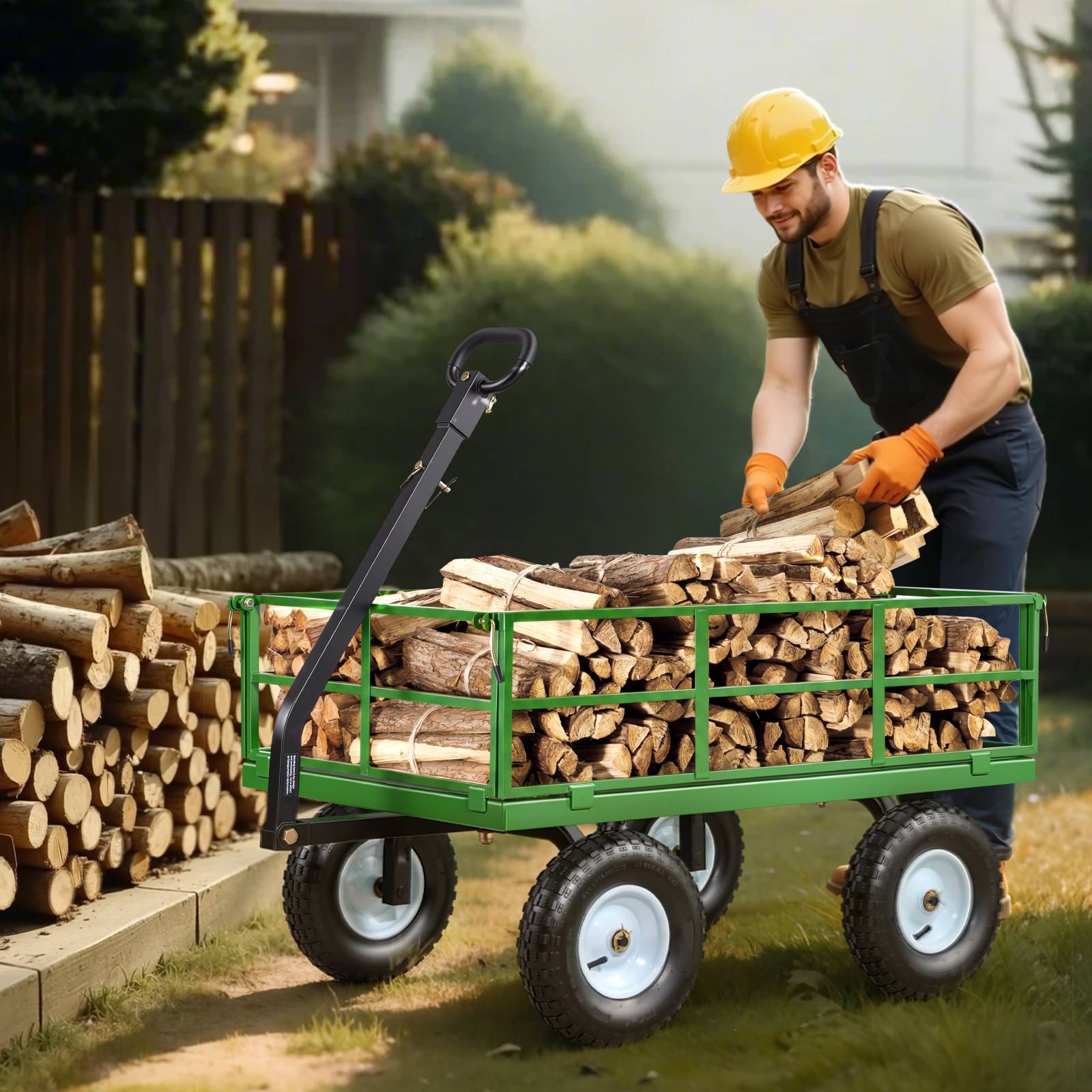 Vevor - VEVOR Chariot de jardin acier 544 kg, 3 en 1 plateau/ridelles/remorque, pneus 33 cm tout-terrain, poignée 180°, noir et vert. - Image 8