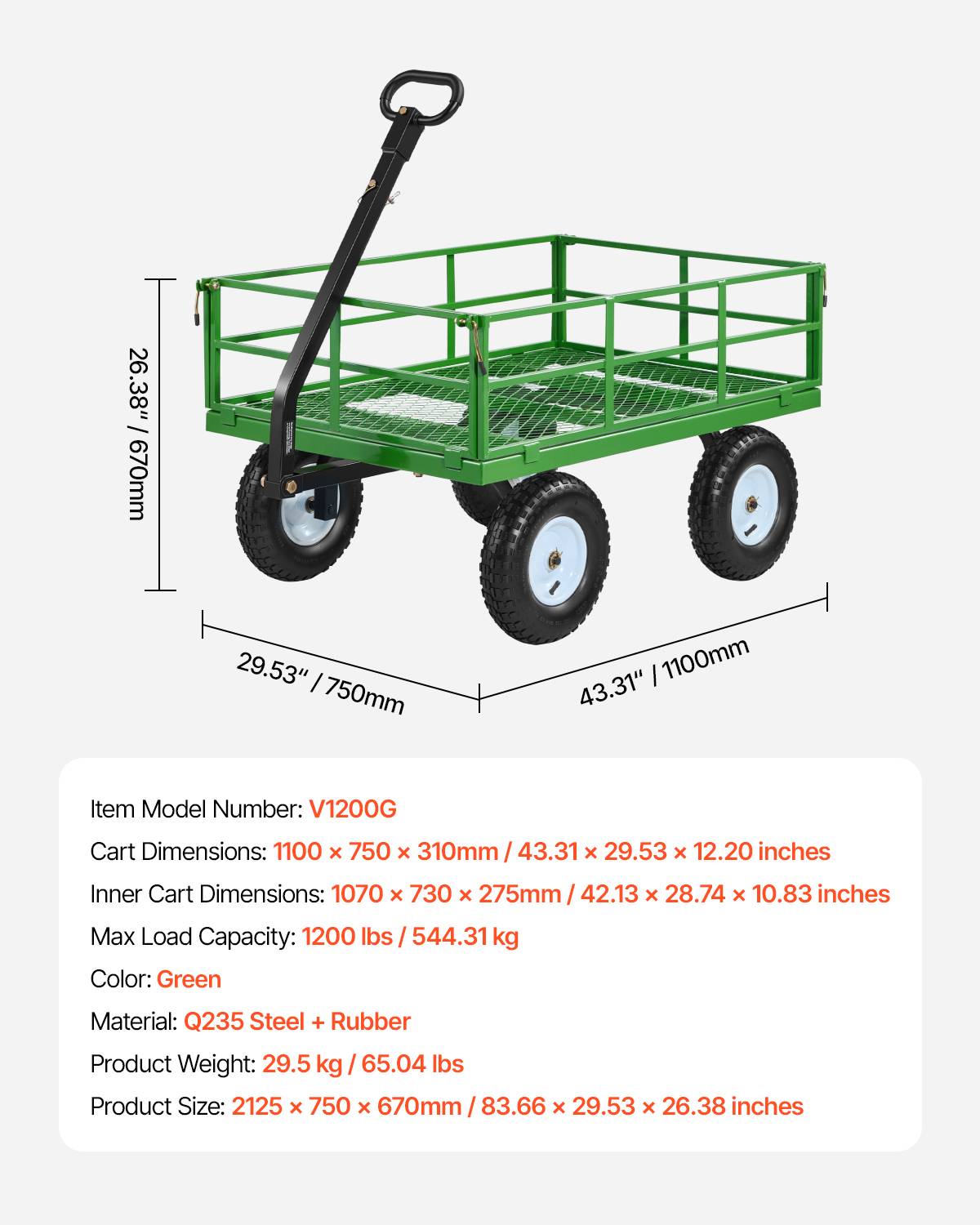 Vevor - VEVOR Chariot de jardin acier 544 kg, 3 en 1 plateau/ridelles/remorque, pneus 33 cm tout-terrain, poignée 180°, noir et vert. - Image 6