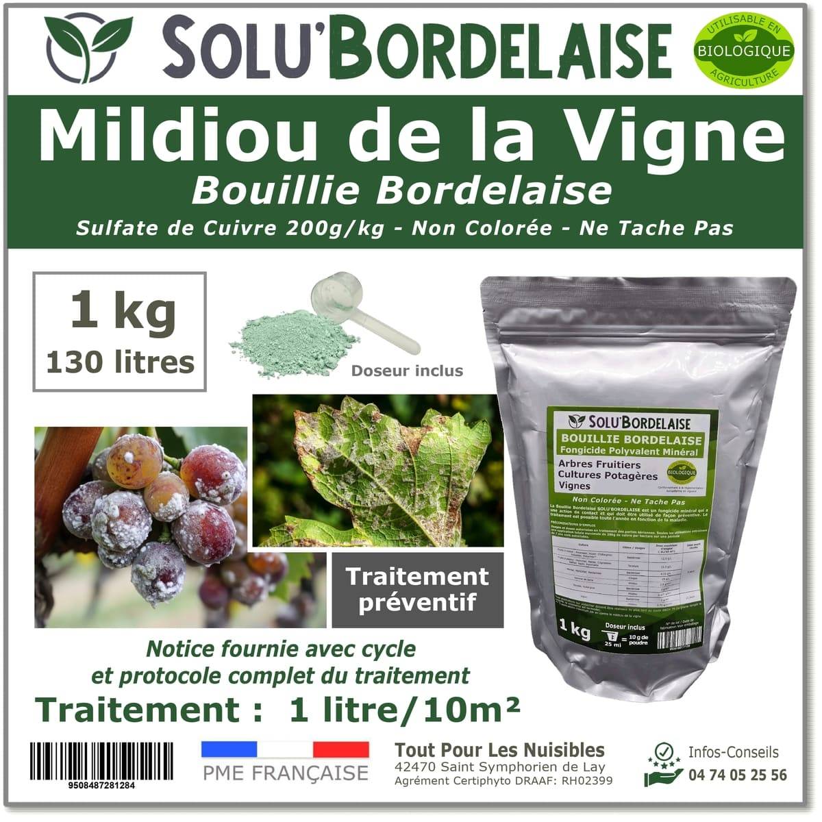 Solu'Bordelaise - 1 kg de Bouillie Bordelaise - Mildiou de la Vigne - Utilisable Agriculture Biologique -  Sachet Refermable - Image 1