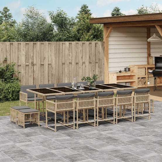 ComfortXL - Salon de Jardin Encastrable 14 Places Beige, Table Verre 275cm avec 10 Chaises et 4 Tabourets, Coussins Gris – ComfortXL Outdoor Living - Image 1