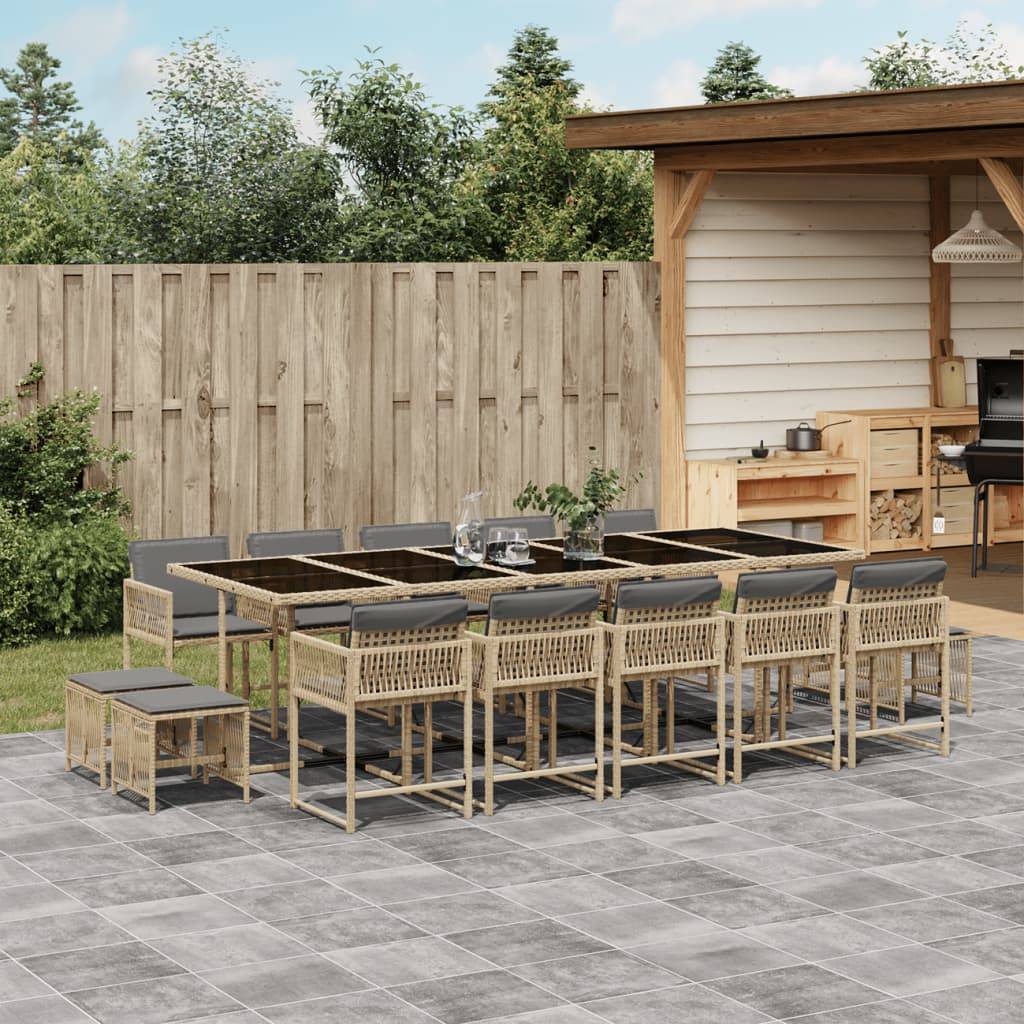 Salon de Jardin Encastrable 14 Places Beige, Table Verre 275cm avec 10 Chaises et 4 Tabourets, Coussins Gris – ComfortXL Outdoor Living