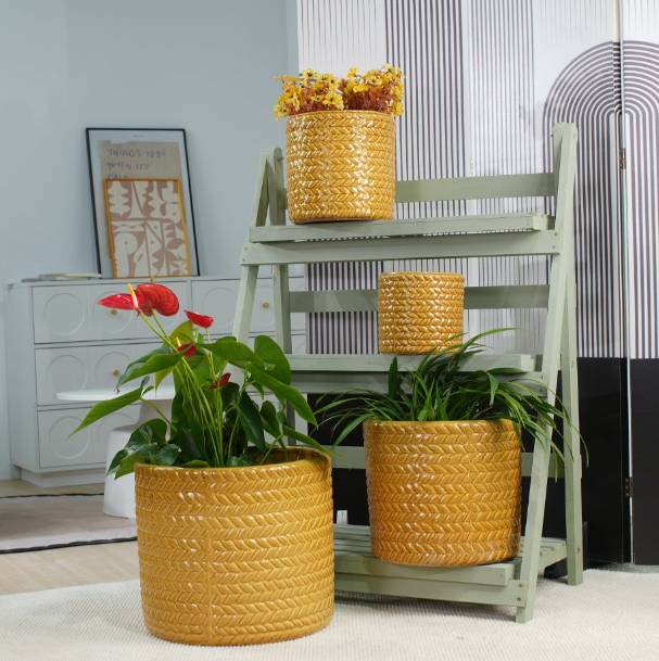 ComfortXL - Pot de fleurs en céramique jaune blé Ø23,5 x H22 cm intérieur extérieur relief géométrique drainage pour plantes - Image 5