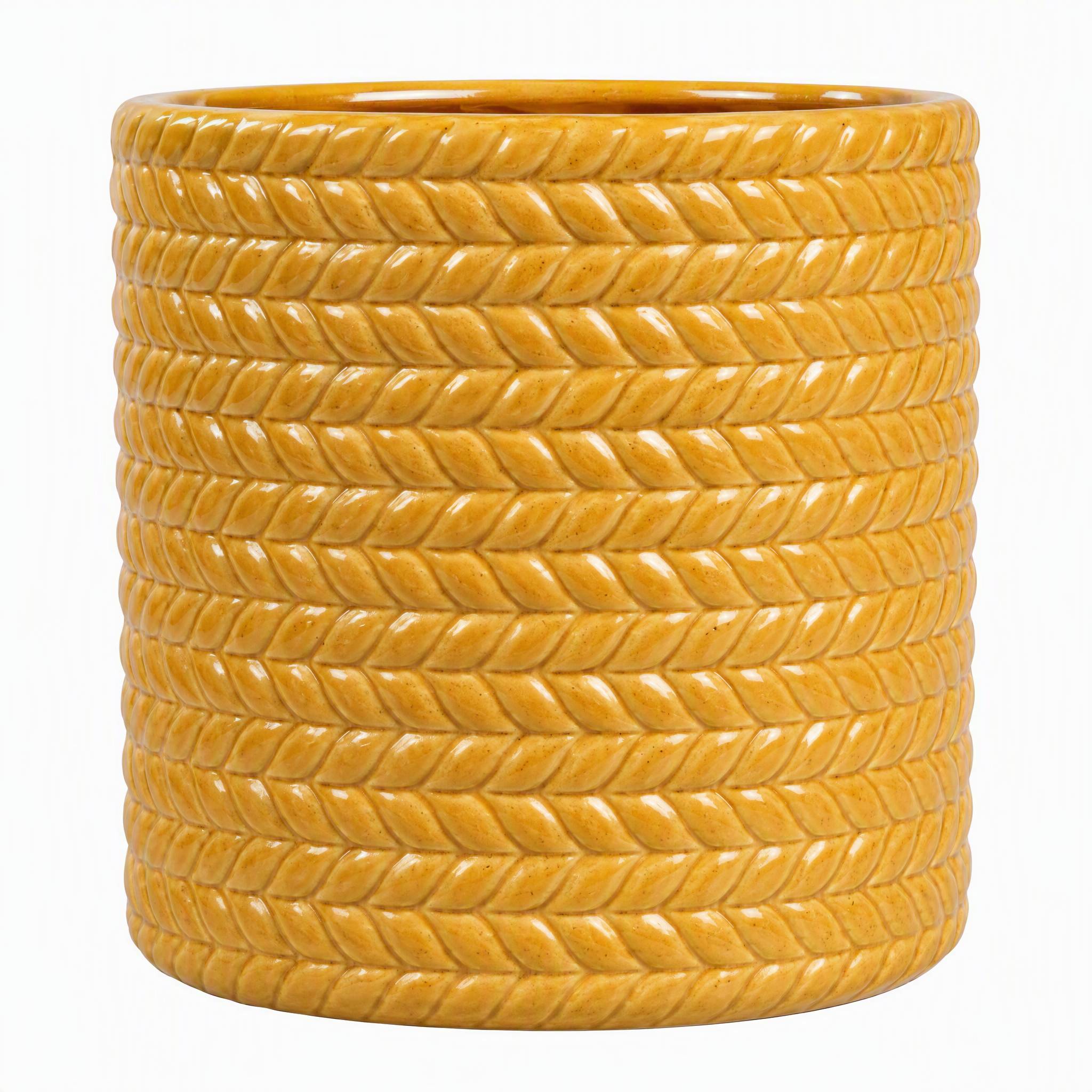 ComfortXL - Pot de fleurs en céramique jaune blé Ø23,5 x H22 cm intérieur extérieur relief géométrique drainage pour plantes