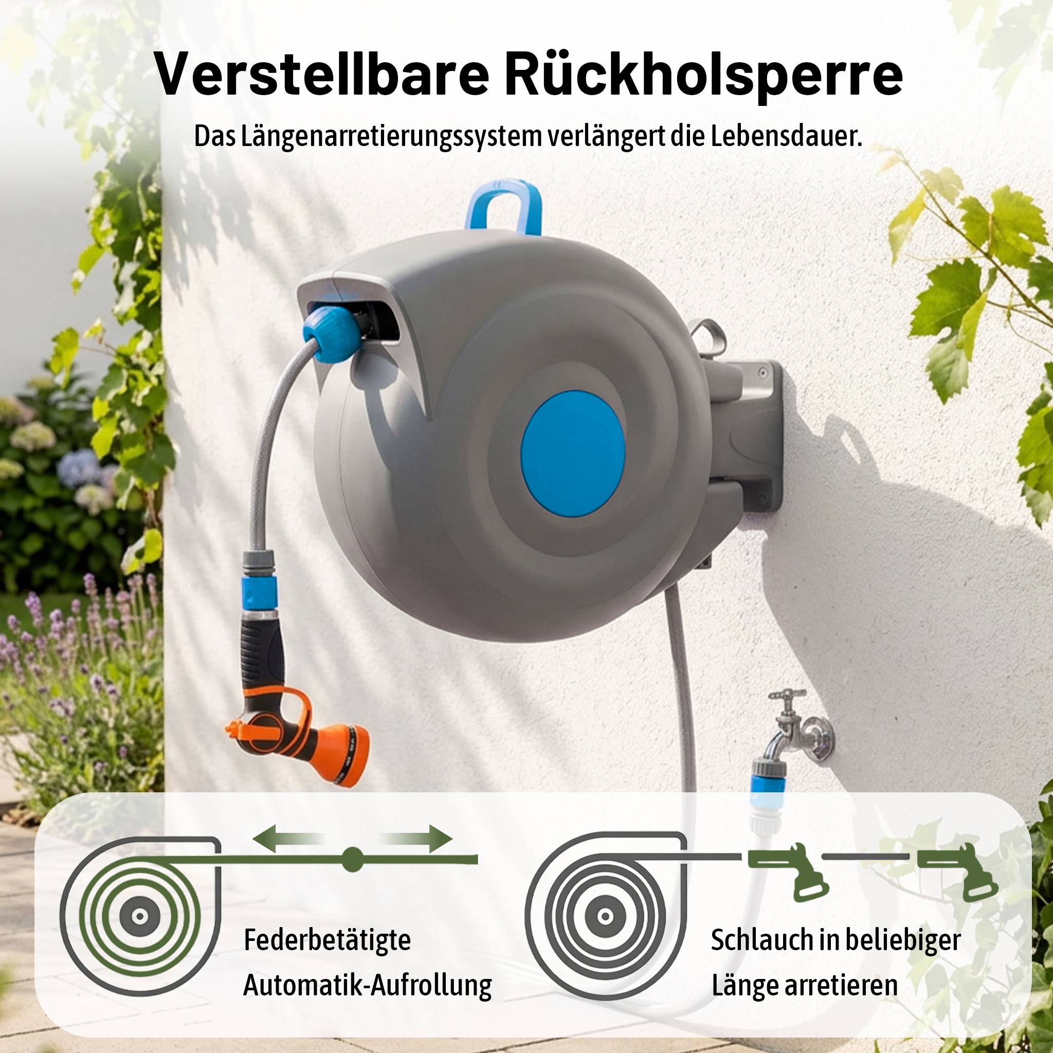 Dévidoir mural automatique 30m plastique pour jardin pivotant 180° pistolet 9 jets bleu - ComfortXL Outdoor Living - Image 5