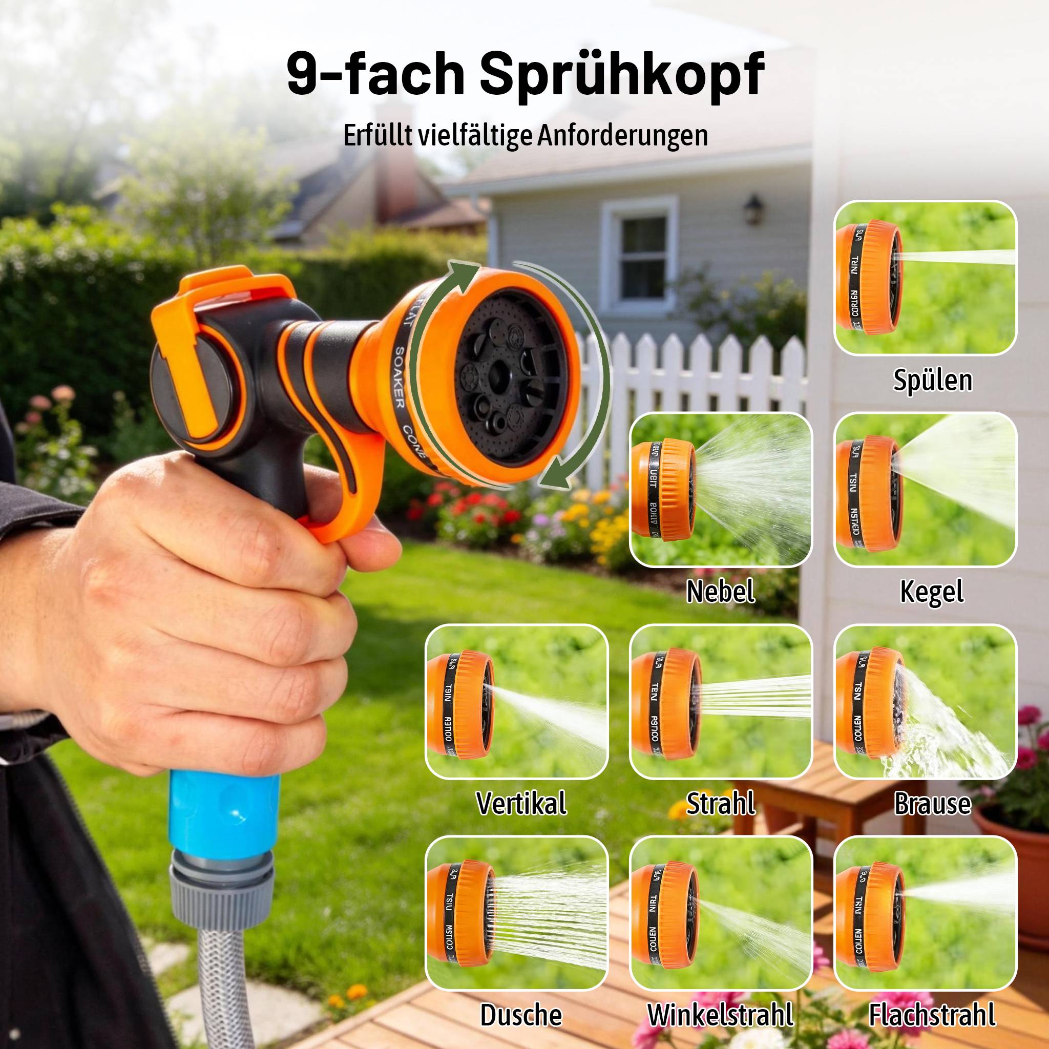 Dévidoir mural automatique 30m plastique pour jardin pivotant 180° pistolet 9 jets bleu - ComfortXL Outdoor Living - Image 10