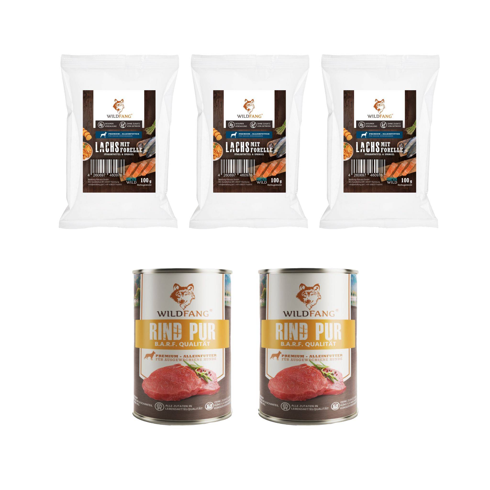 Wildfang - Wildfang - Coffret Gourmet Adulte - Aliments secs et humides - 3 x Saumon et truite / 2 x Bœuf - Image 1