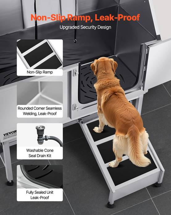 VEVOR Baignoire chien inox, 127 cm, station lavage, rampe. Robinet, pommeau douche, porte droite. - Image 3
