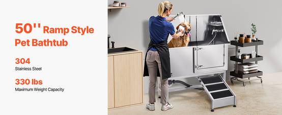 VEVOR Baignoire chien inox, 127 cm, station lavage, rampe. Robinet, pommeau douche, porte droite. - Image 9