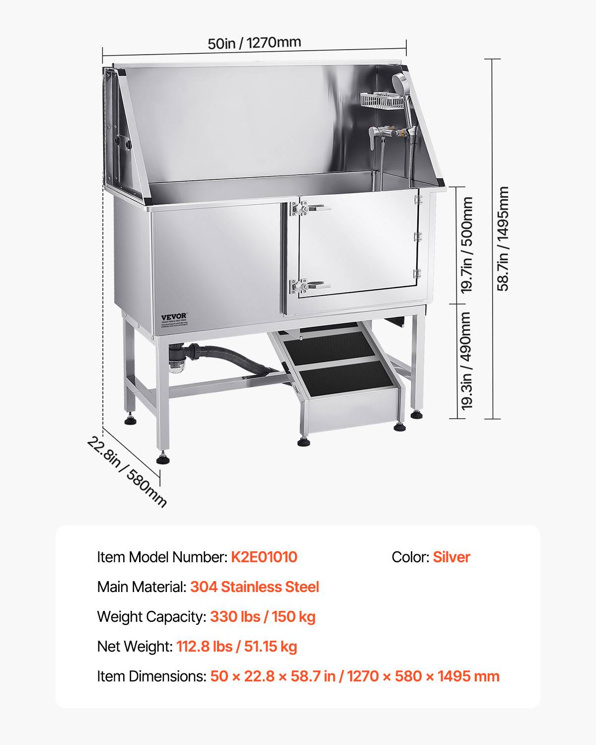 VEVOR Baignoire chien inox, 127 cm, station lavage, rampe. Robinet, pommeau douche, porte droite. - Image 7