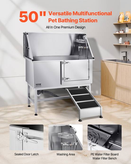 VEVOR Baignoire chien inox, 127 cm, station lavage, rampe. Robinet, pommeau douche, porte droite. - Image 2