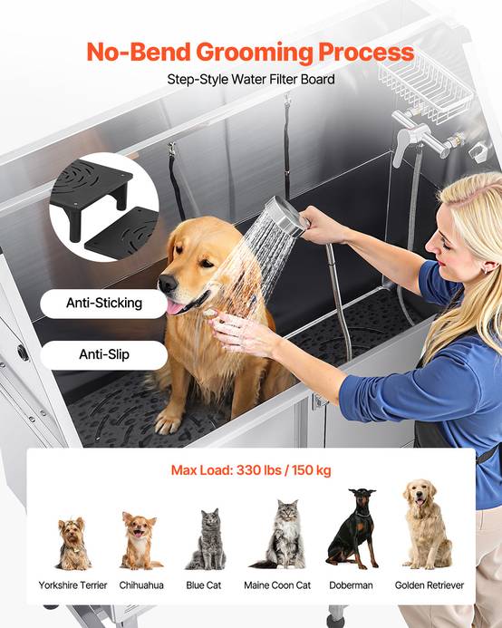 VEVOR Baignoire chien inox, 127 cm, station lavage, rampe. Robinet, pommeau douche, porte droite. - Image 4