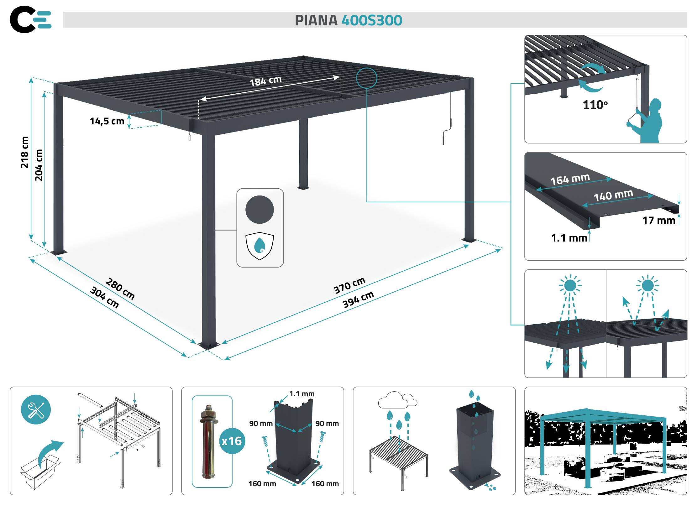 Pergola bioclimatique autoportée PIANA 4x3 m aluminium gris - lames orientables - Image 2