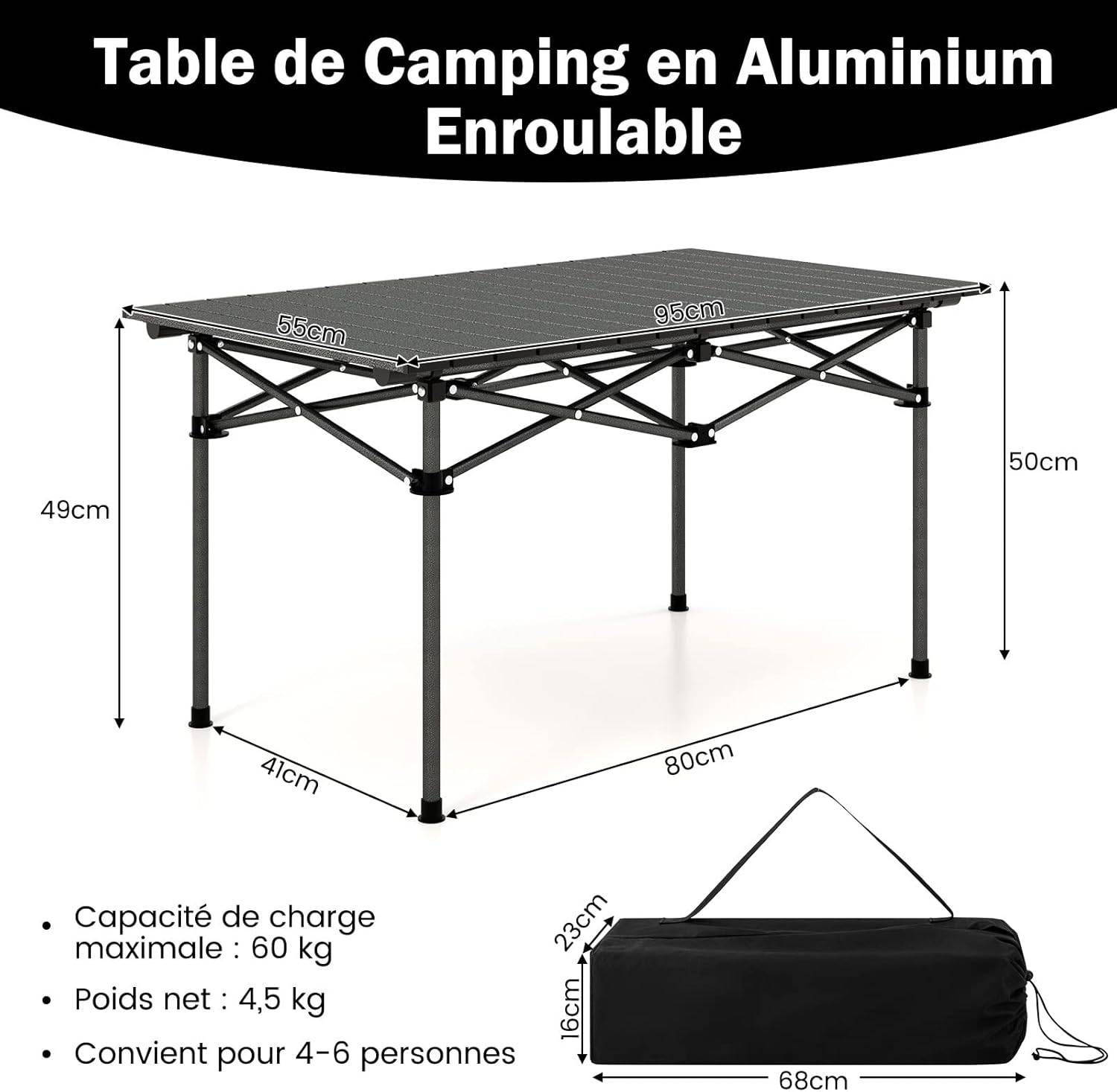 Costway - Table de Camping Pliante en Aluminium Charge 60KG, Noir - Image 5