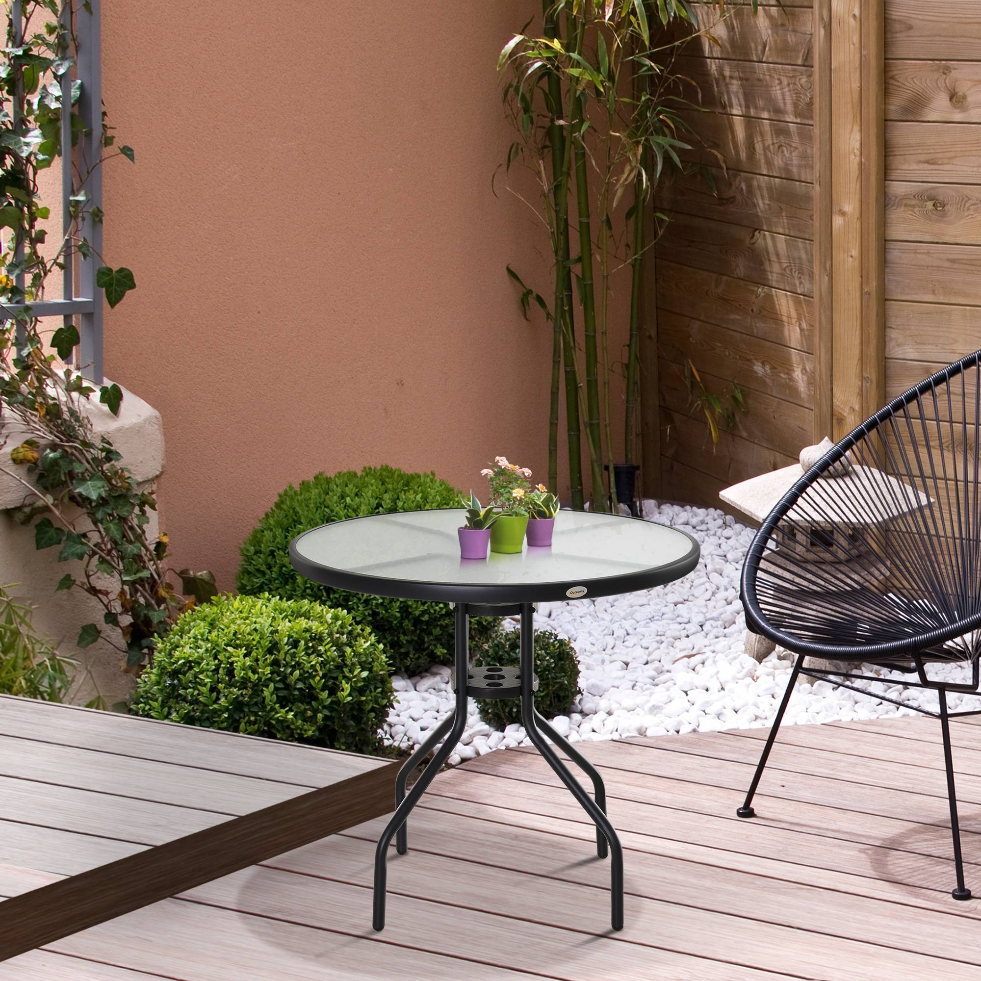 Table à manger jardin métal verre extérieur trou pour parasol 80x72cm noir - ComfortXL Outdoor Living - Image 4