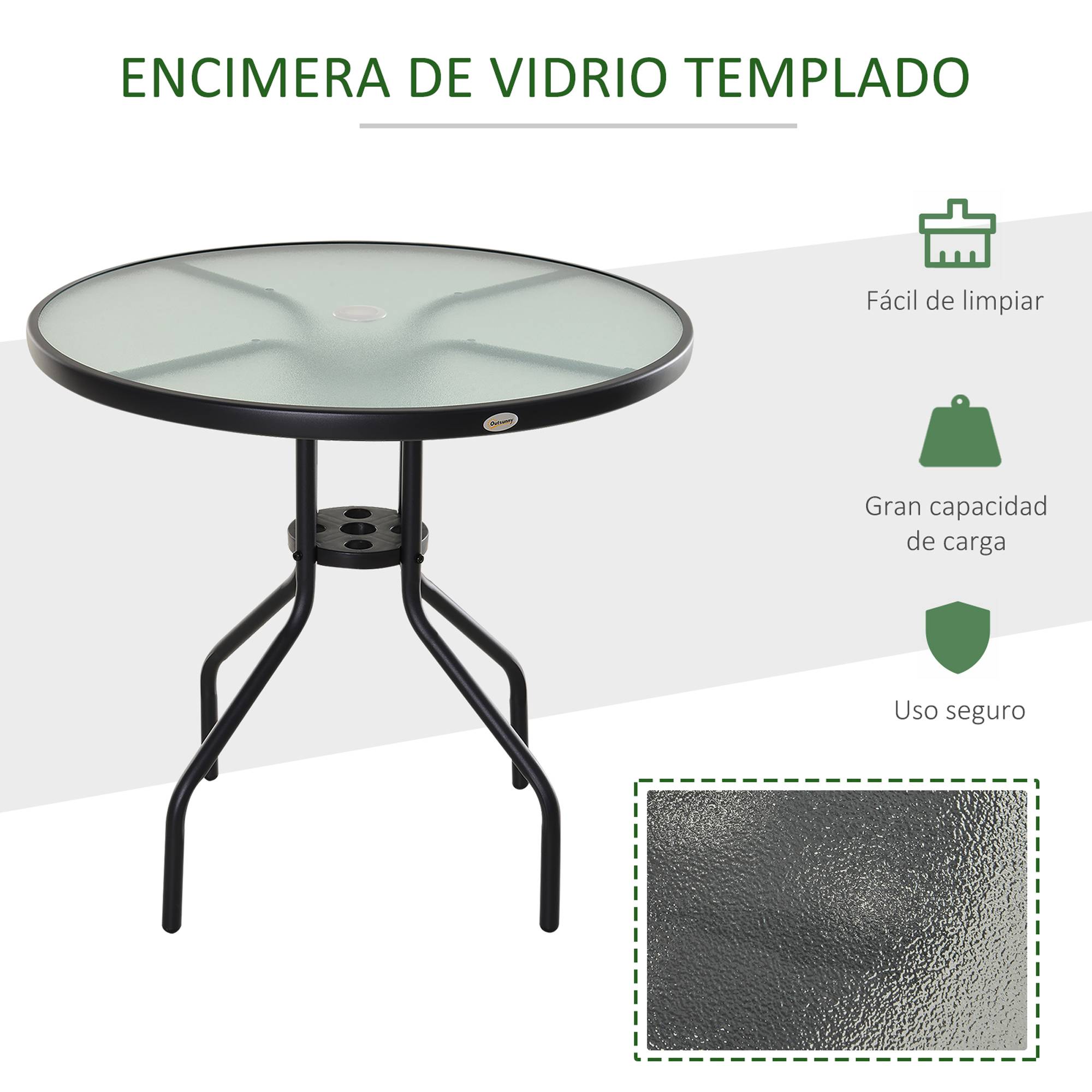 Table à manger jardin métal verre extérieur trou pour parasol 80x72cm noir - ComfortXL Outdoor Living - Image 7