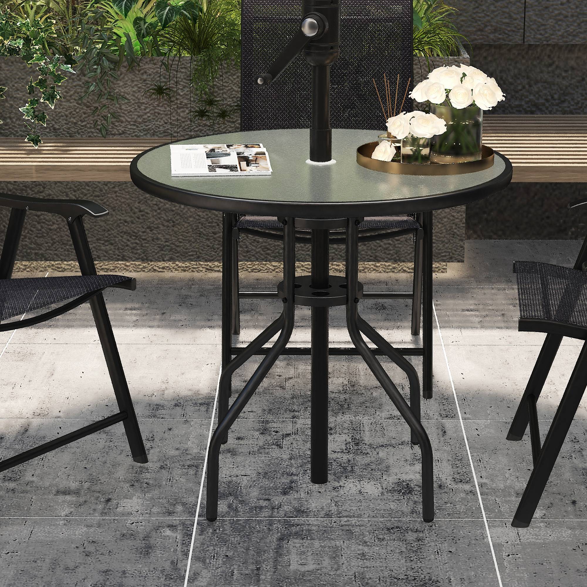 Table à manger jardin métal verre extérieur trou pour parasol 80x72cm noir - ComfortXL Outdoor Living - Image 3