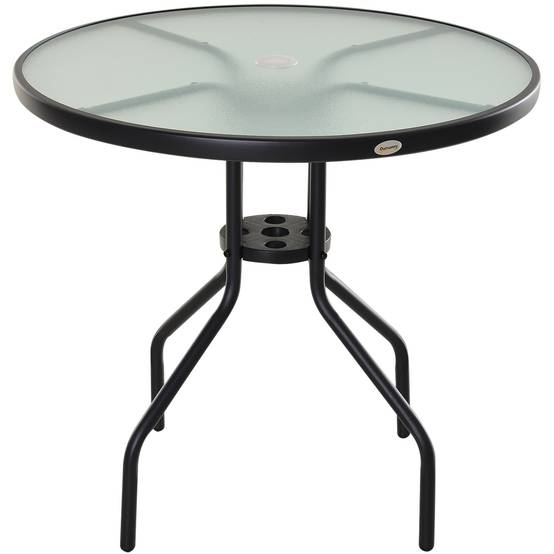 Table à manger jardin métal verre extérieur trou pour parasol 80x72cm noir - ComfortXL Outdoor Living - Image 2