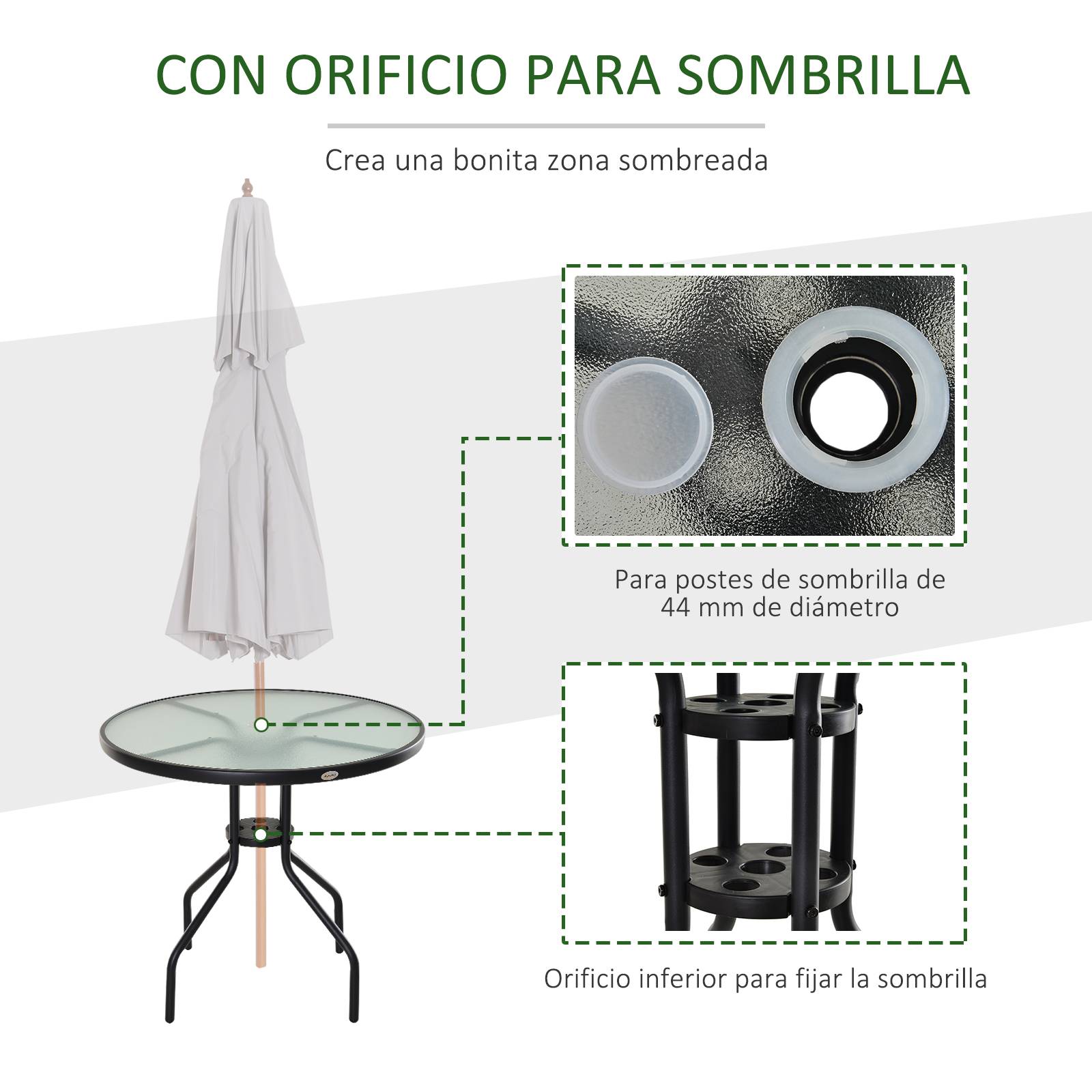 Table à manger jardin métal verre extérieur trou pour parasol 80x72cm noir - ComfortXL Outdoor Living - Image 6